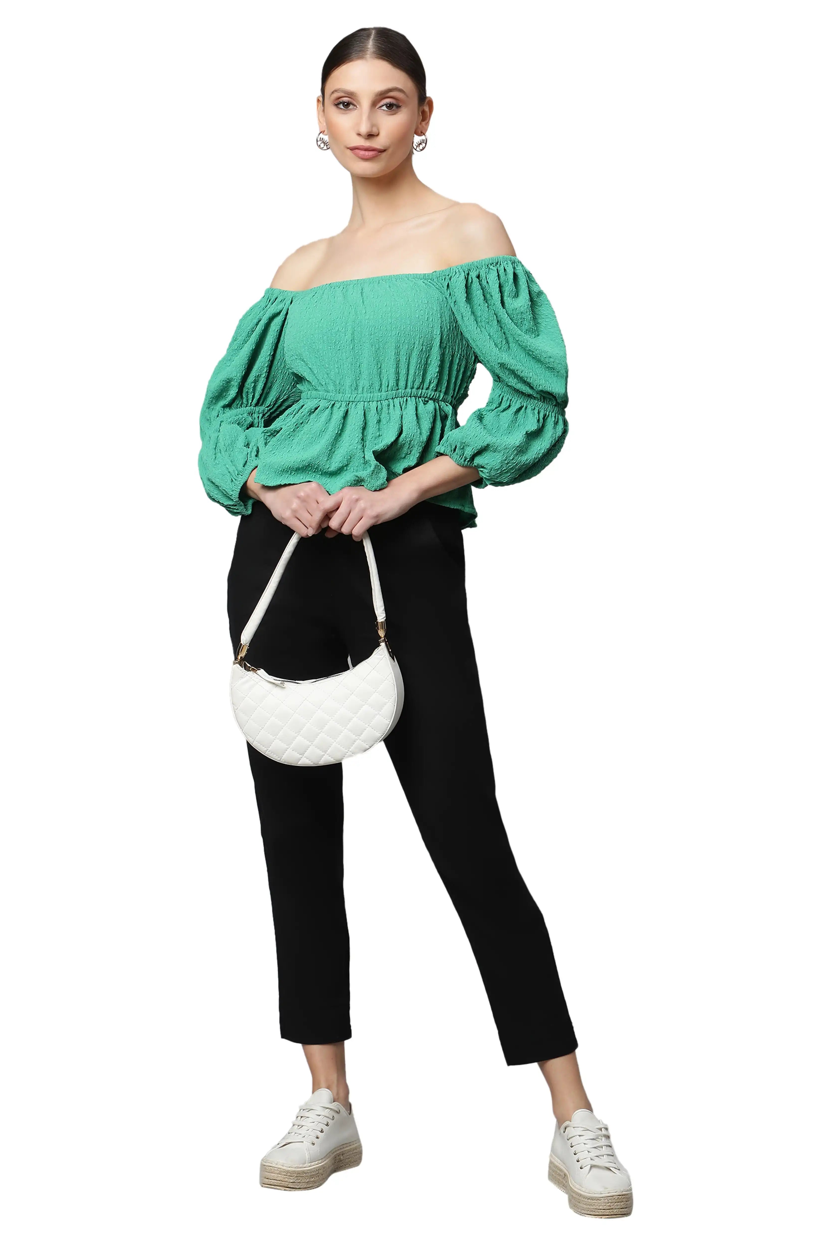 Green Off-Shoulder Peplum Top