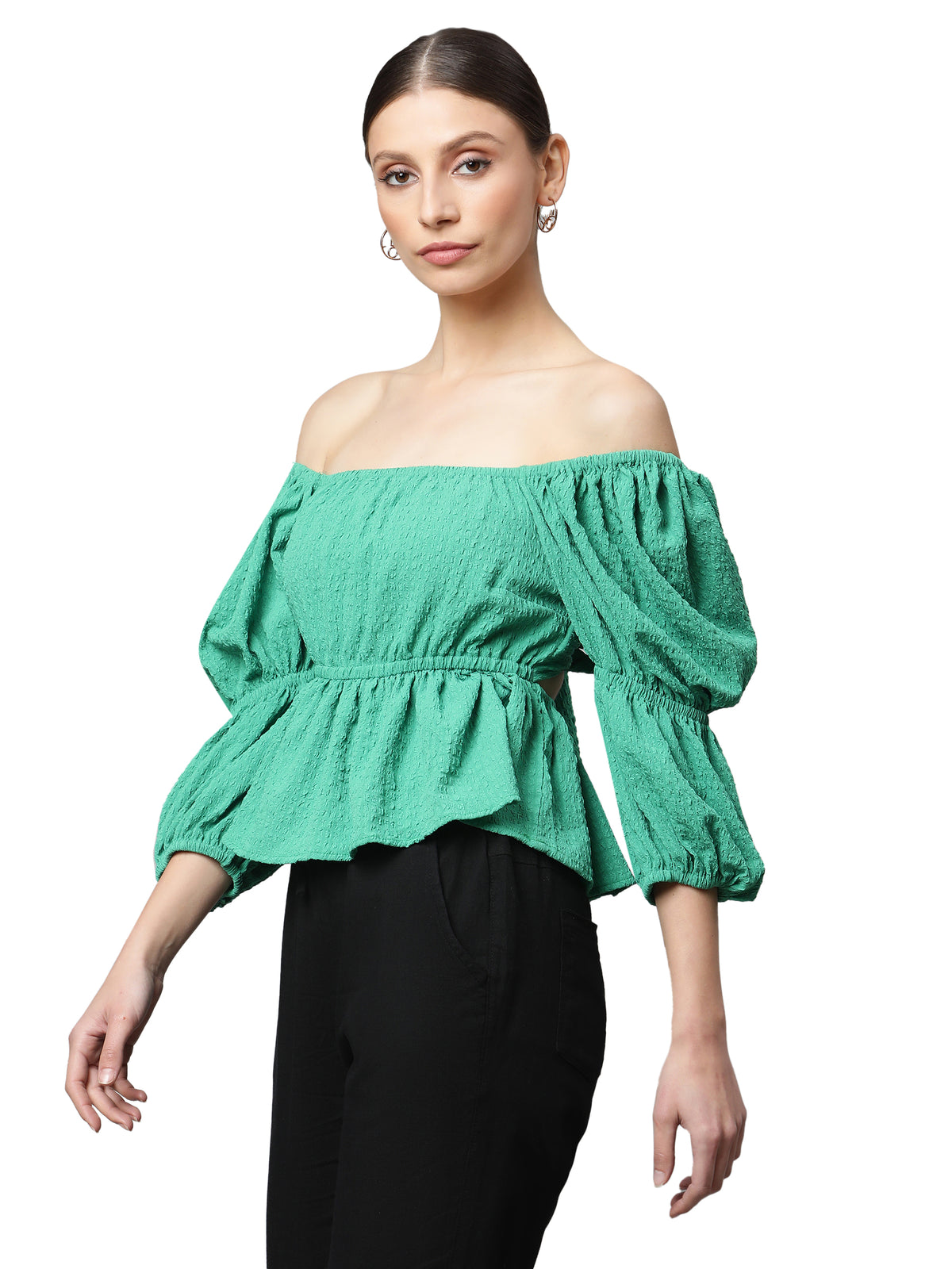 Green Off-Shoulder Peplum Top