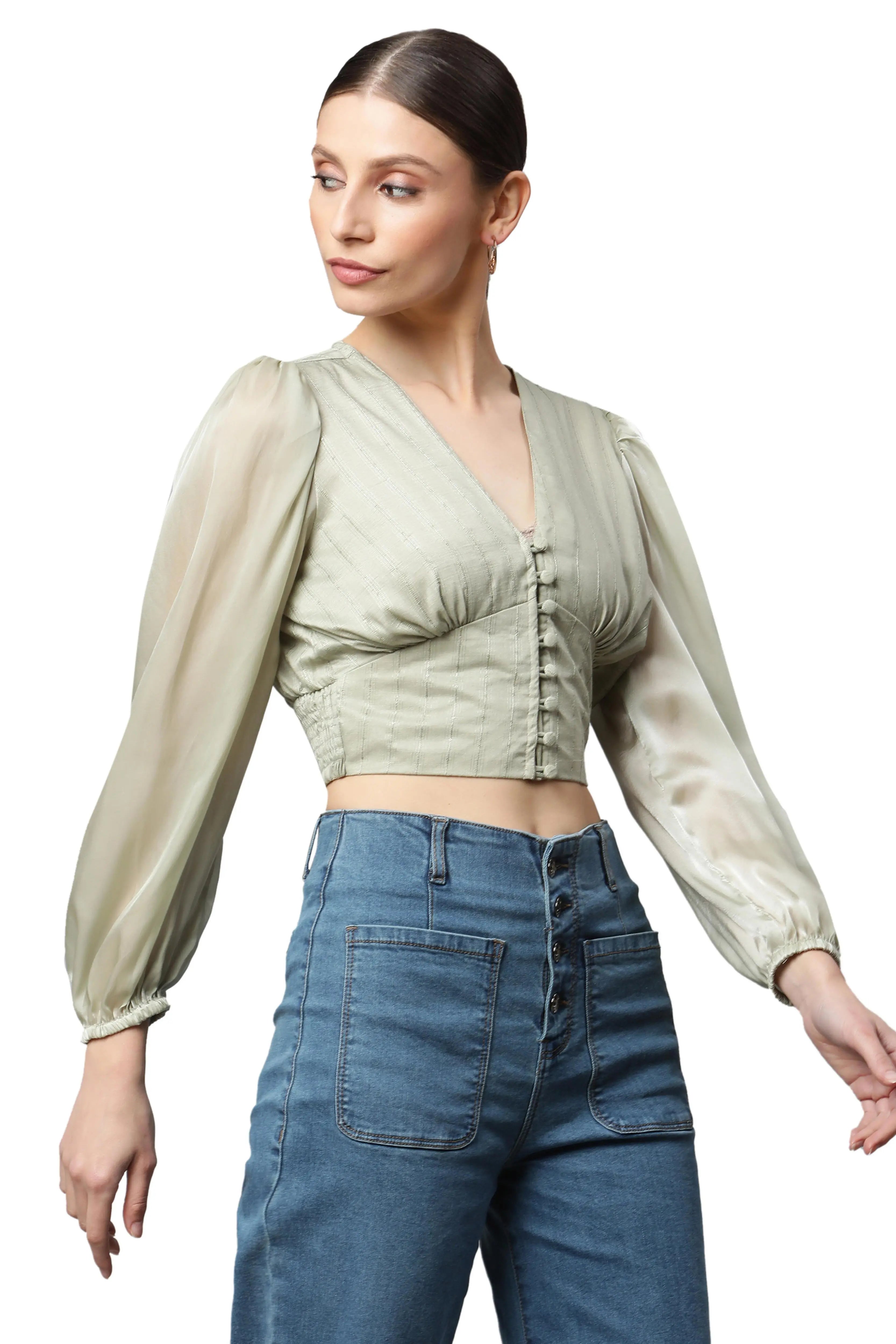 Green Cropped Blouson Top - Global Republic