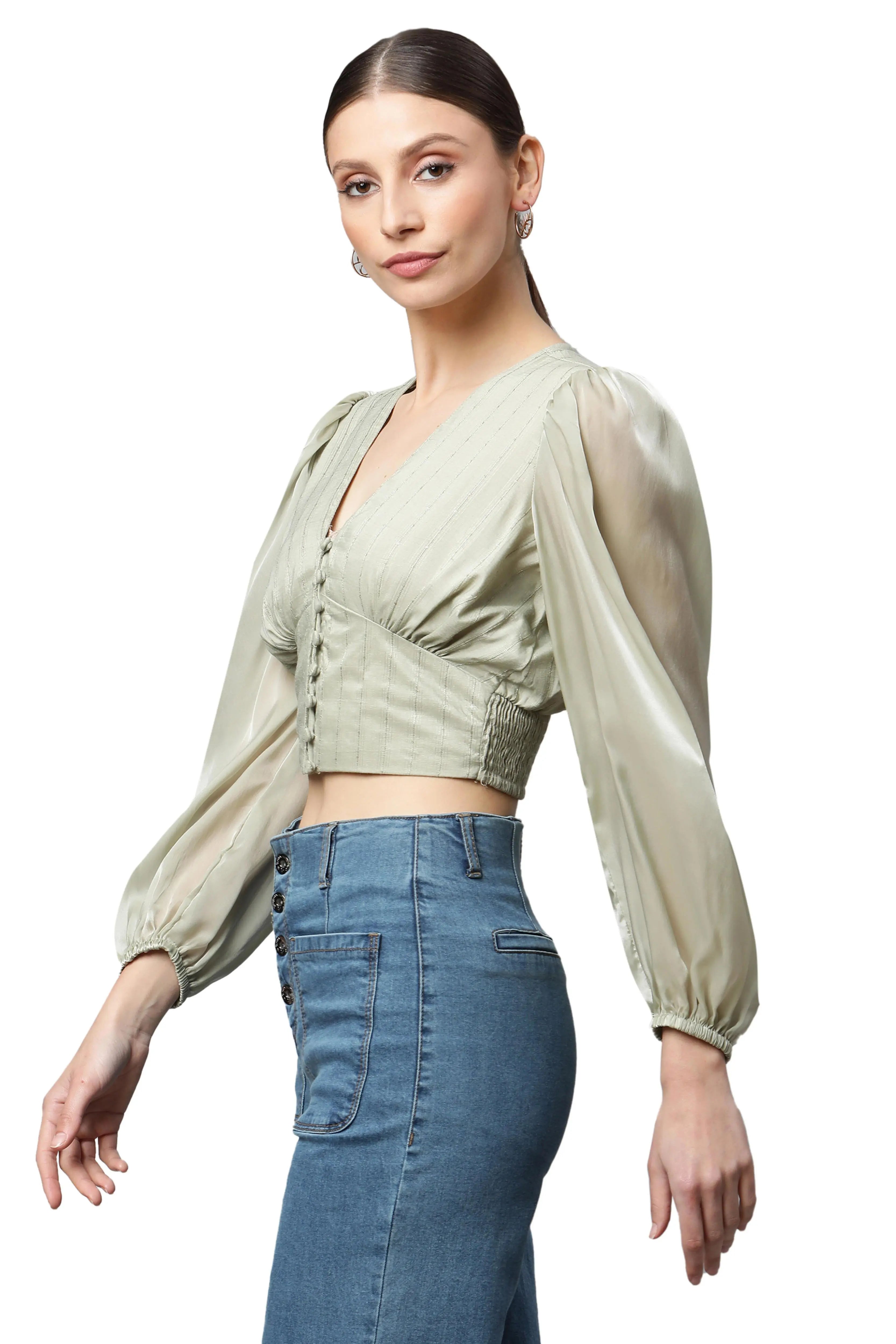 Green Cropped Blouson Top - Global Republic