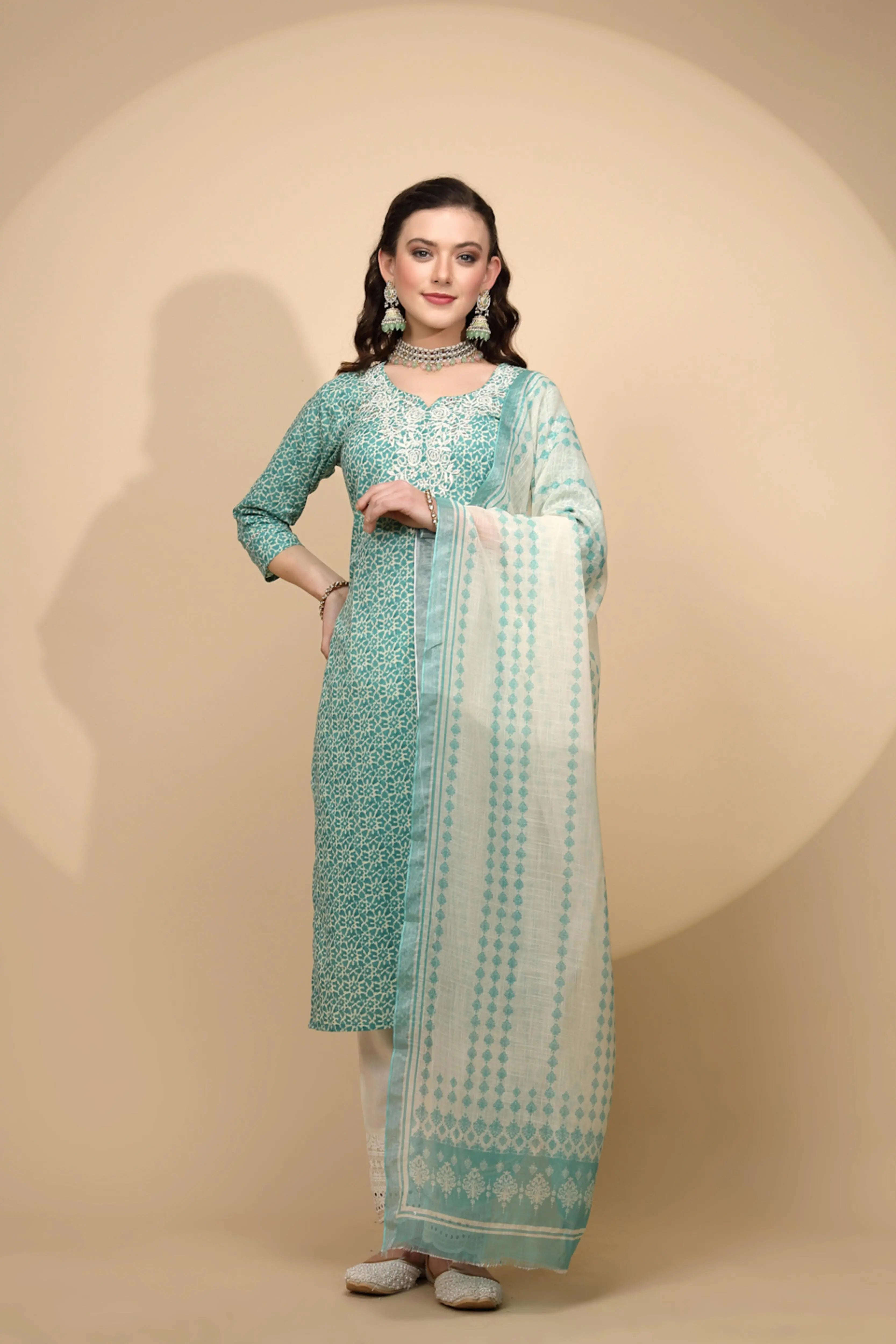 Green Cotton Regular Fit Suit Set For Women - Global Republic