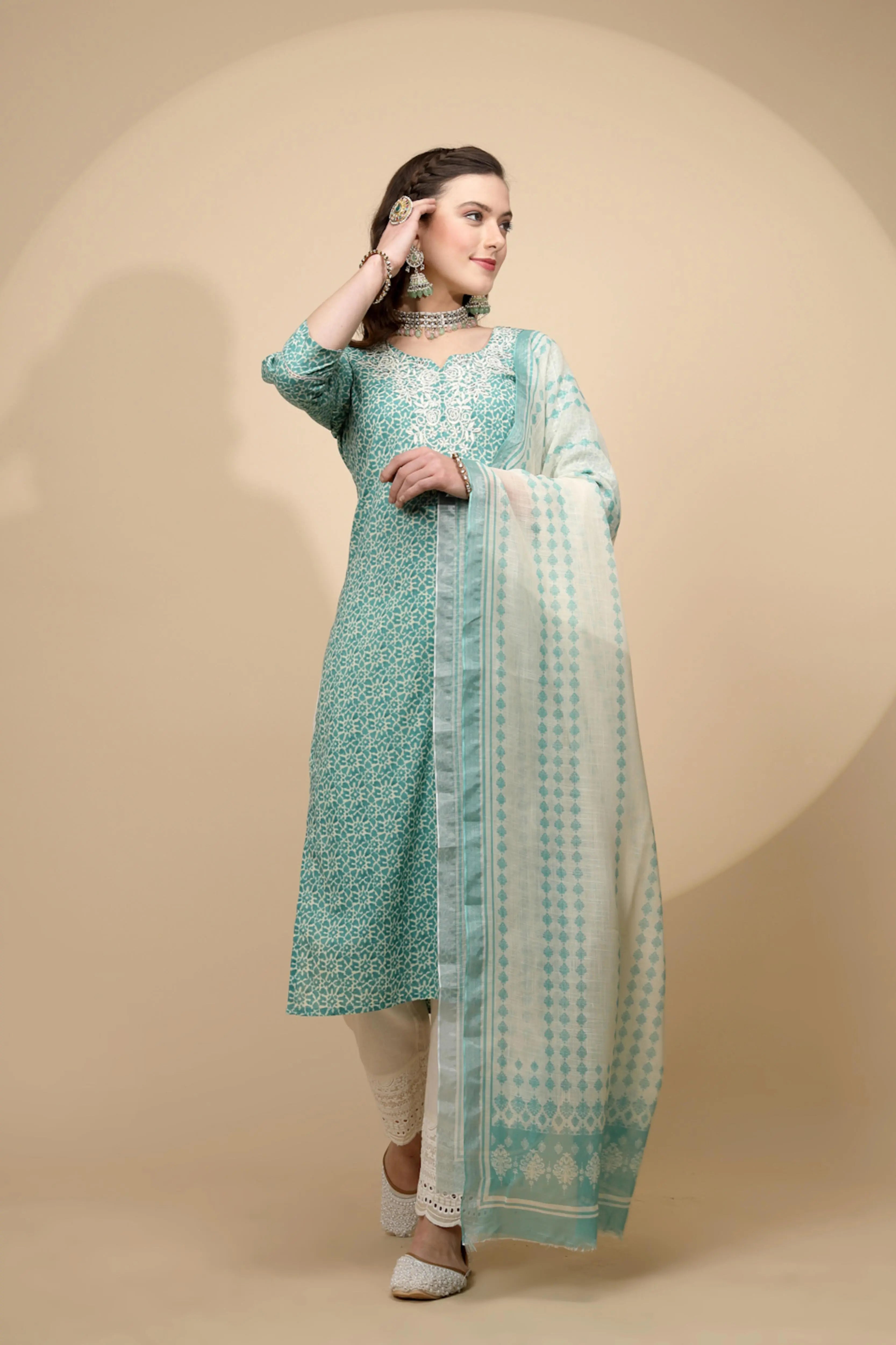 Green Cotton Regular Fit Suit Set For Women - Global Republic