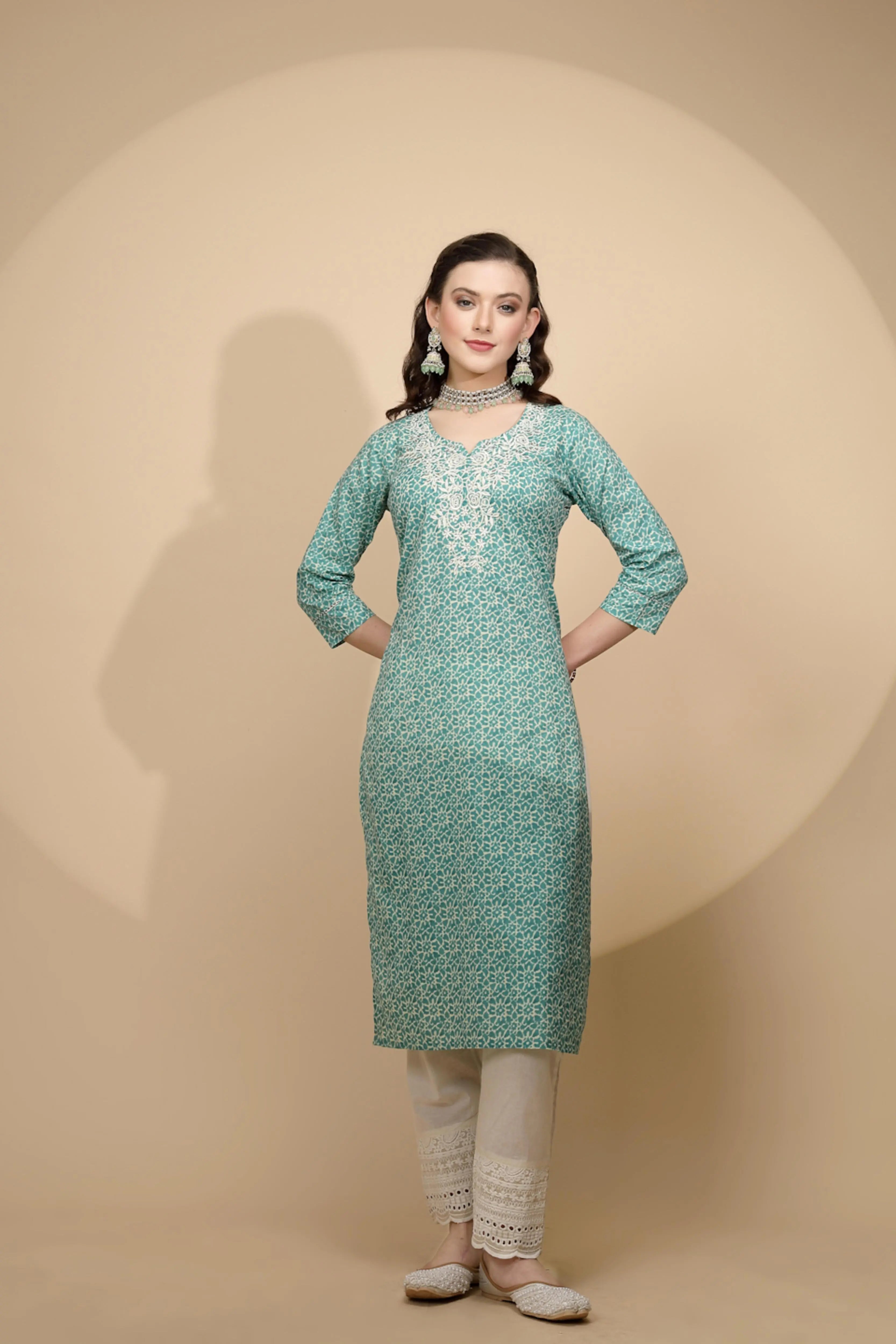 Green Cotton Regular Fit Suit Set For Women - Global Republic