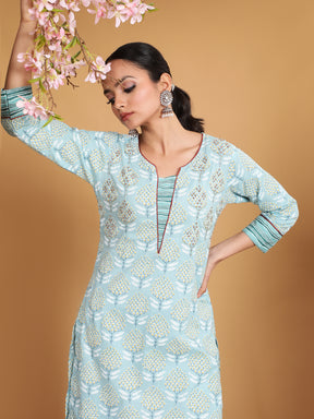 Women Sea Green V-Neck Printed Kurta Set