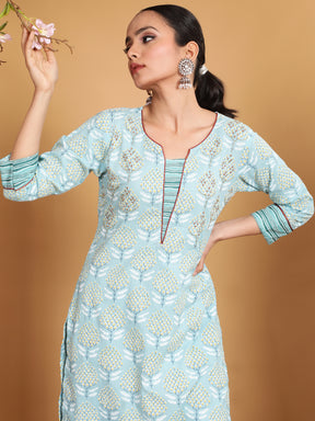 Women Sea Green V-Neck Printed Kurta Set