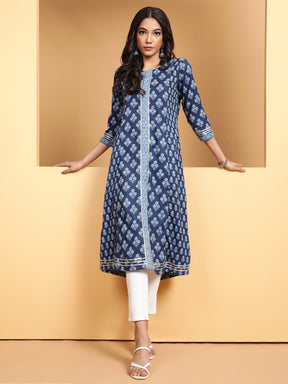 Women Indigo Round Neck Printed Kurta
