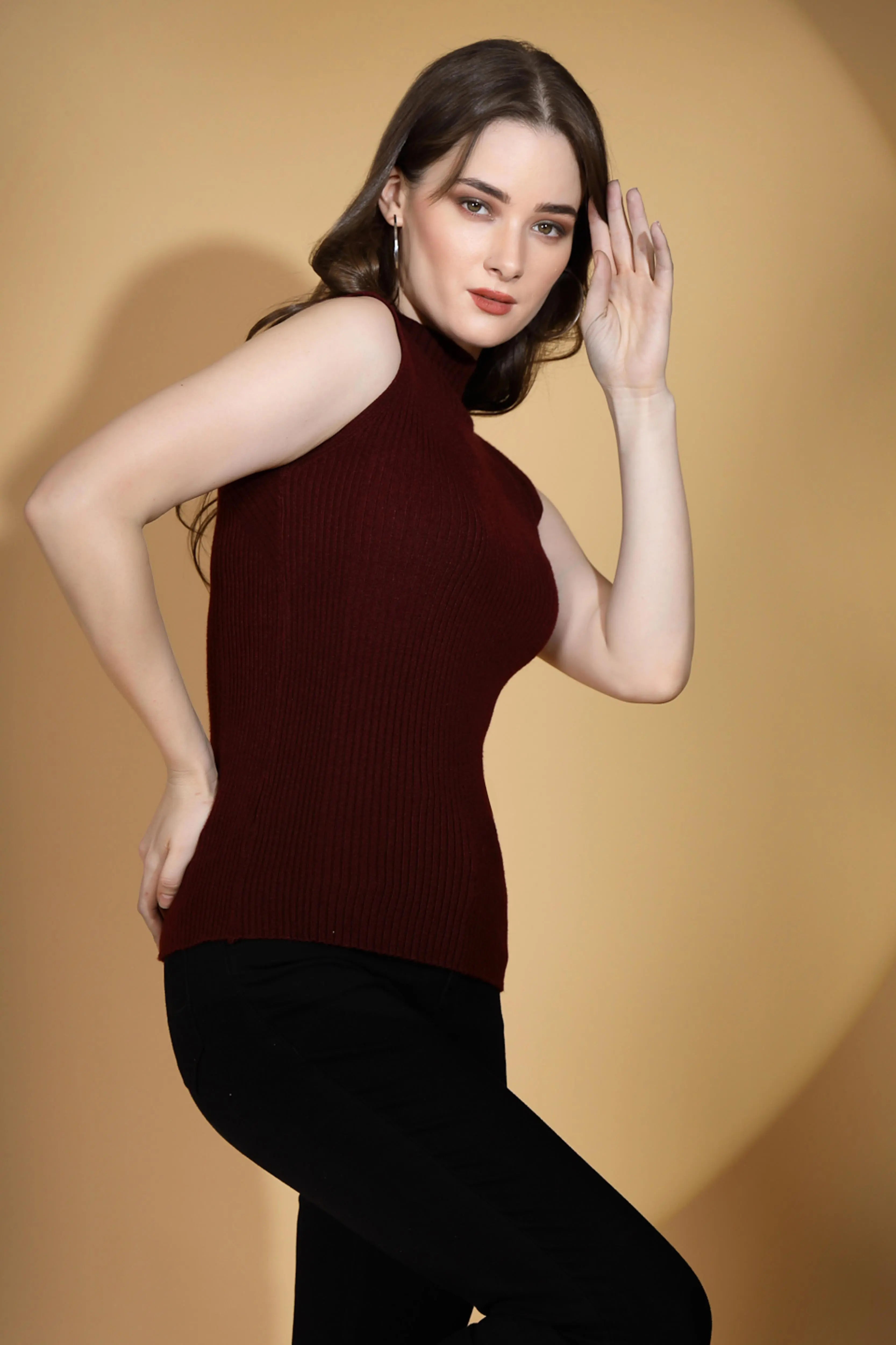 Maroon Stretchable Knit Skivvy Top