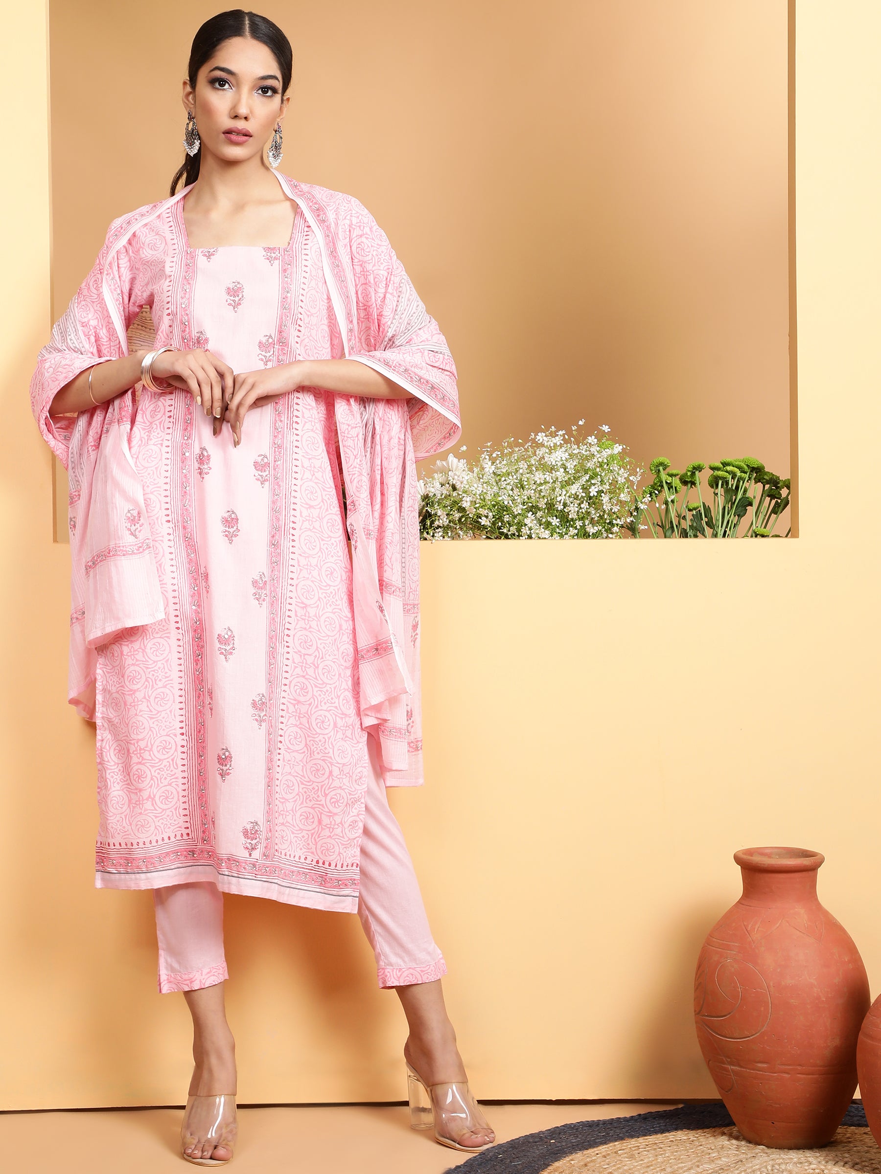 Pink Embroidered Cotton Suit Set - Global Republic