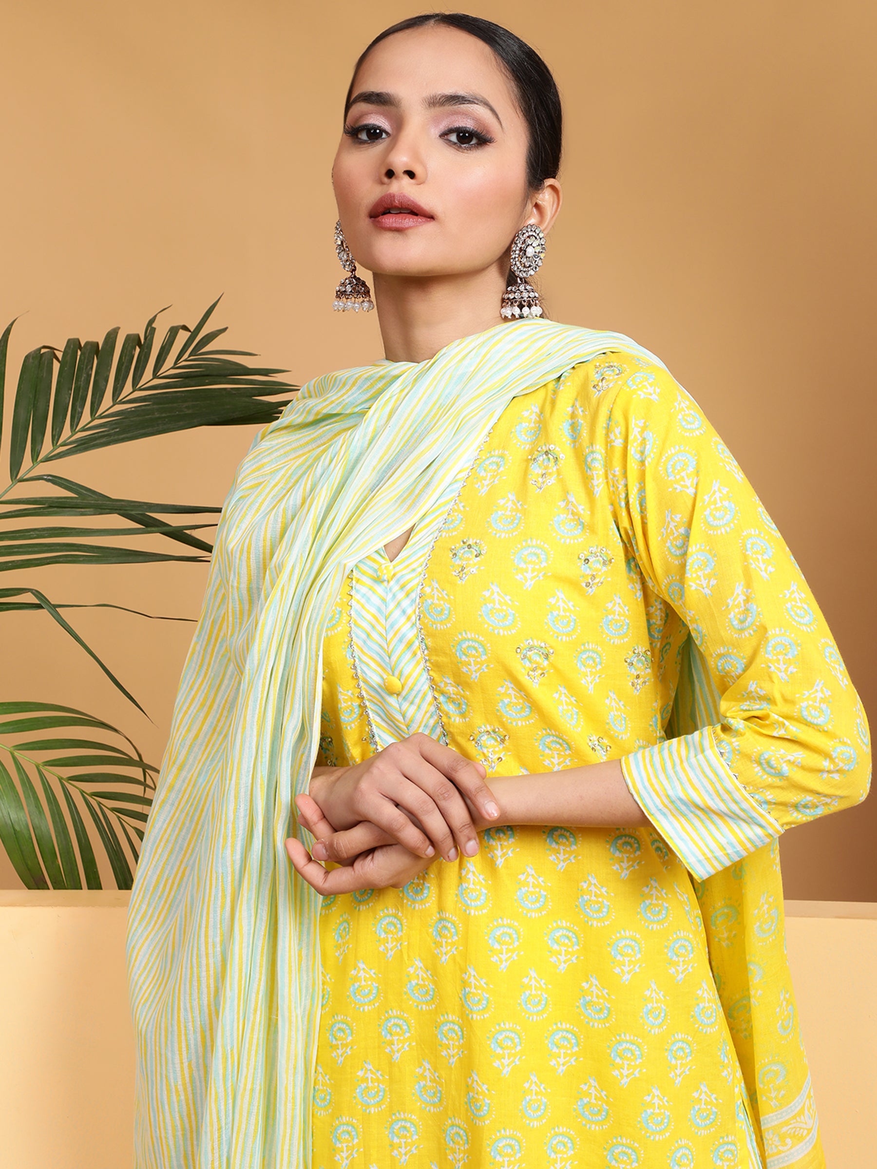 Women Yellow V-Neck Printed Kurta Suit Set - Global Republic