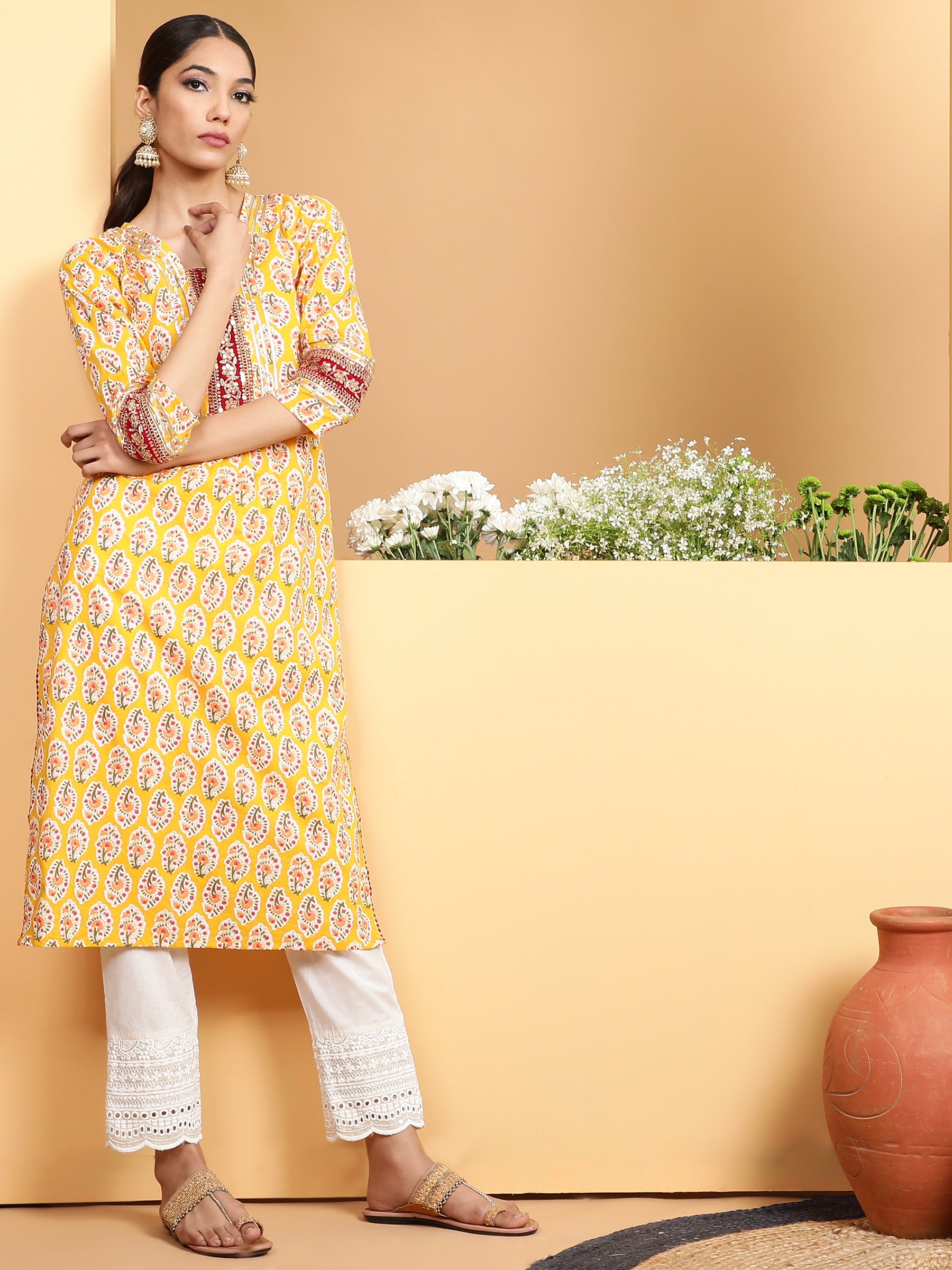 Women Mustard Round Neck Printed Kurta