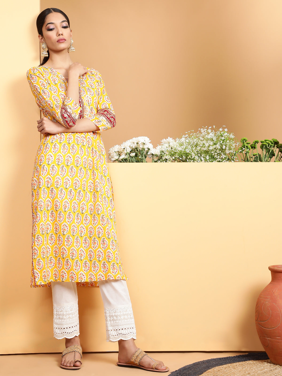 Women Mustard Round Neck Printed Kurta