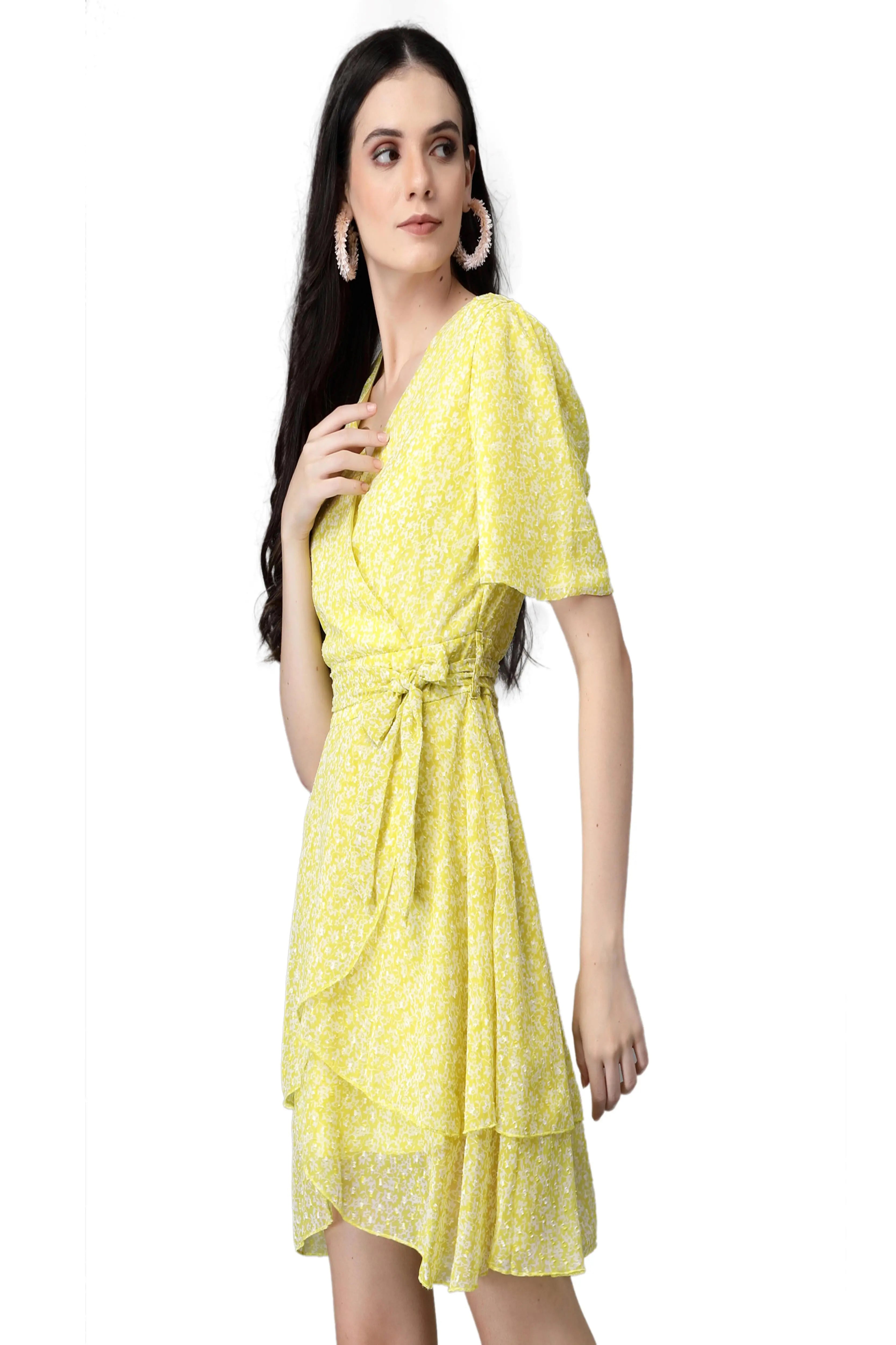 Lemon V Neck Printed Wrap Dress - Global Republic