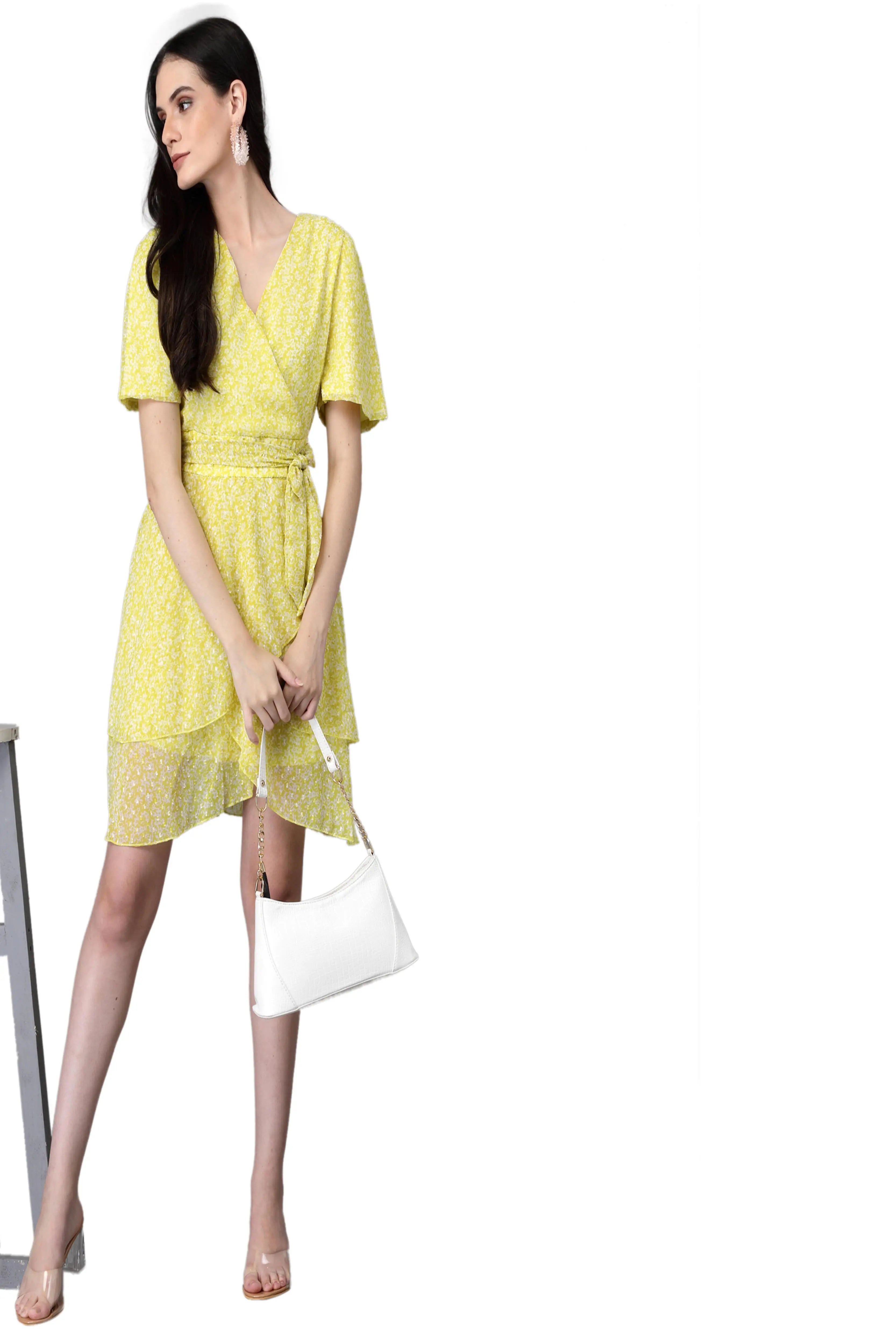 Lemon V Neck Printed Wrap Dress - Global Republic