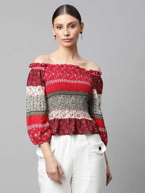 Red Smocked Off-Shoulder Top