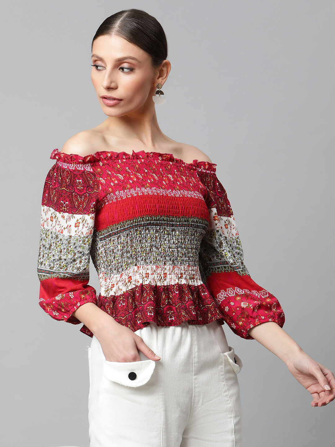 Red Smocked Off-Shoulder Top