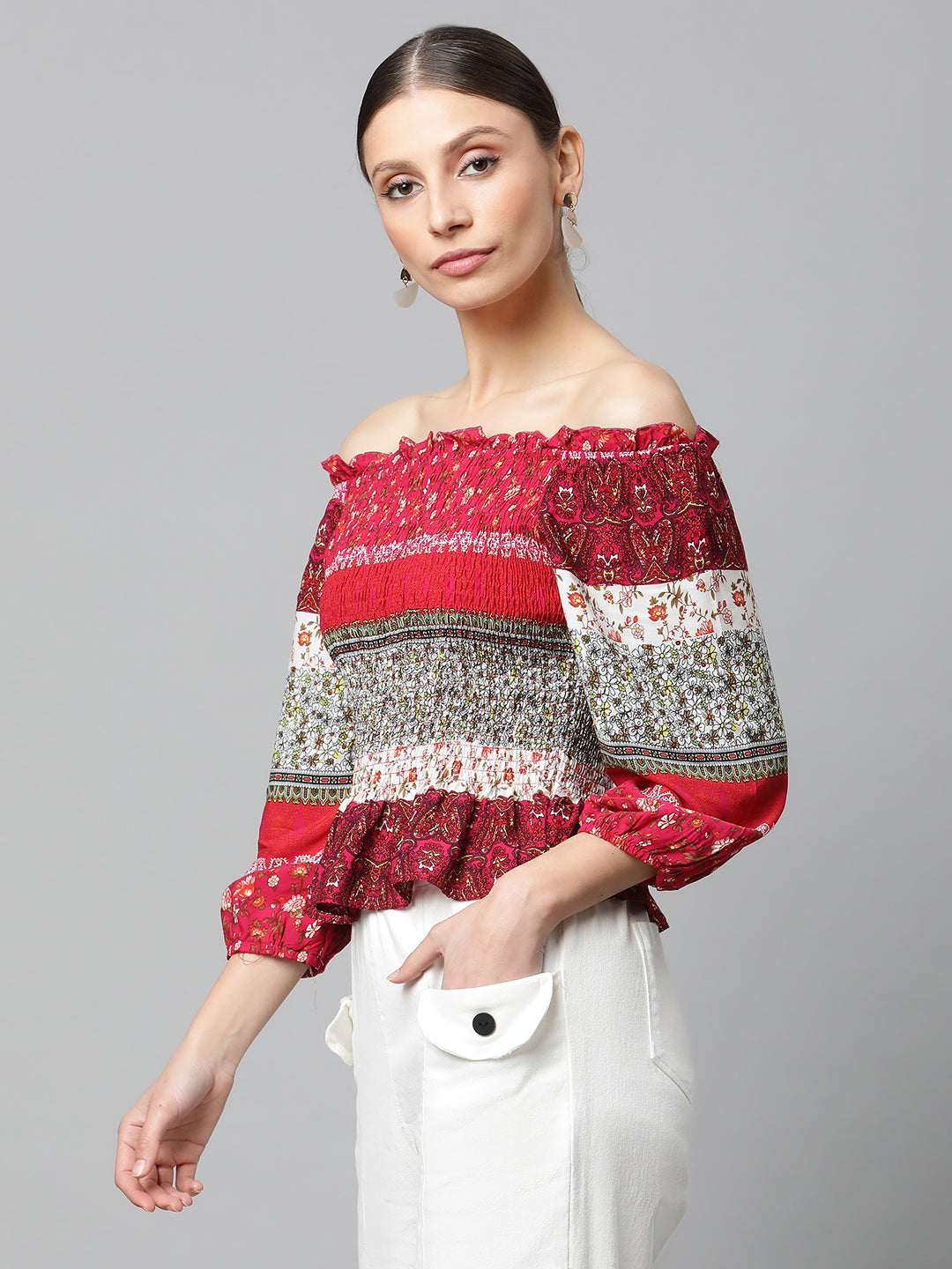 Red Smocked Off-Shoulder Top