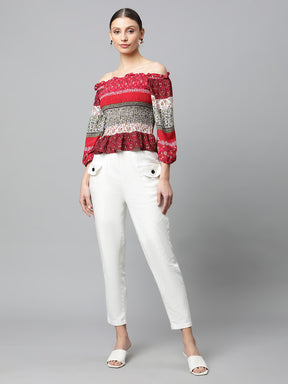 Red Smocked Off-Shoulder Top