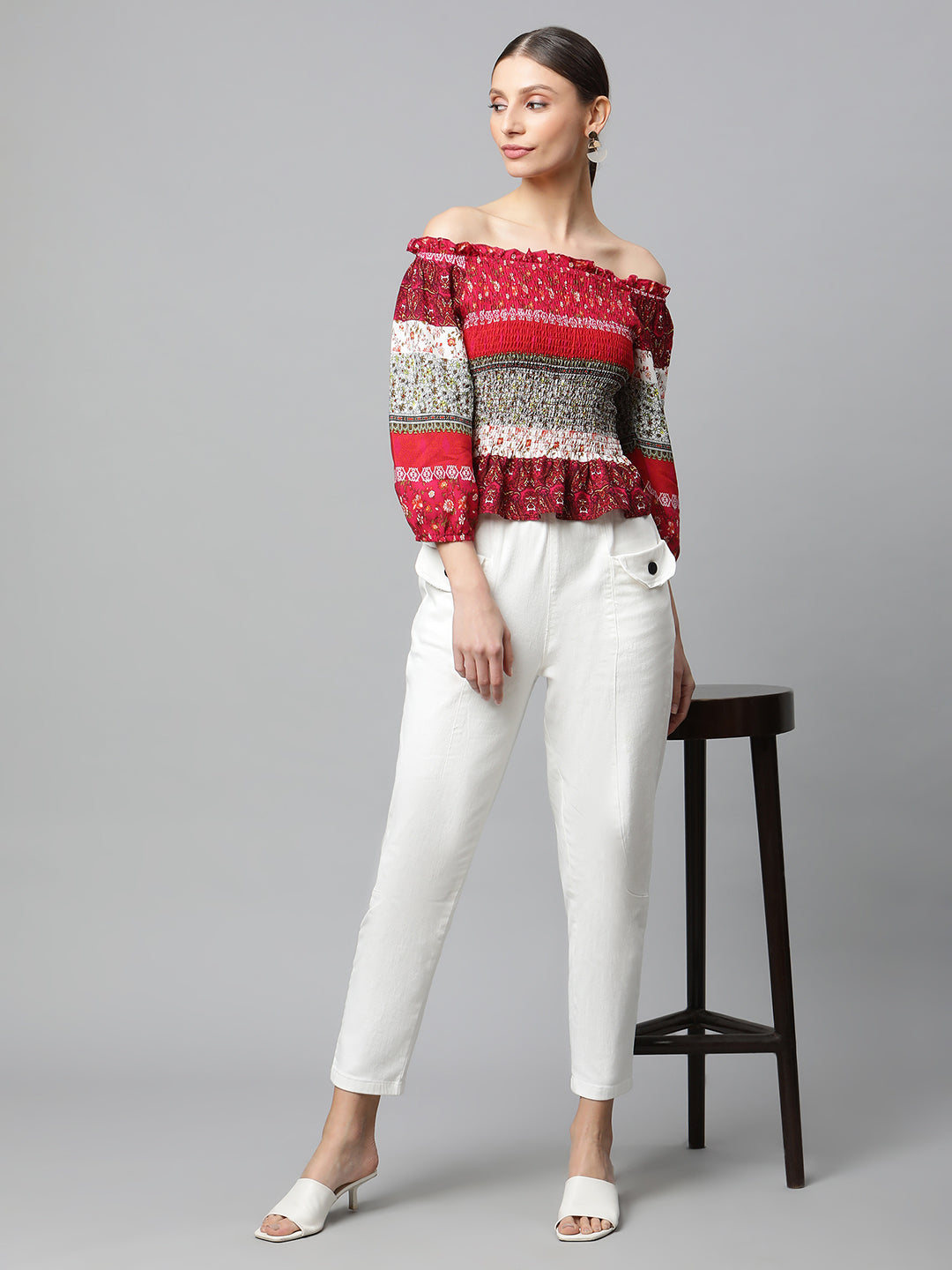 Red Smocked Off-Shoulder Top