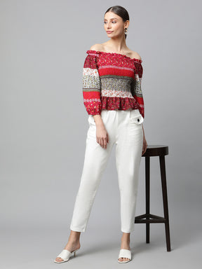 Red Smocked Off-Shoulder Top