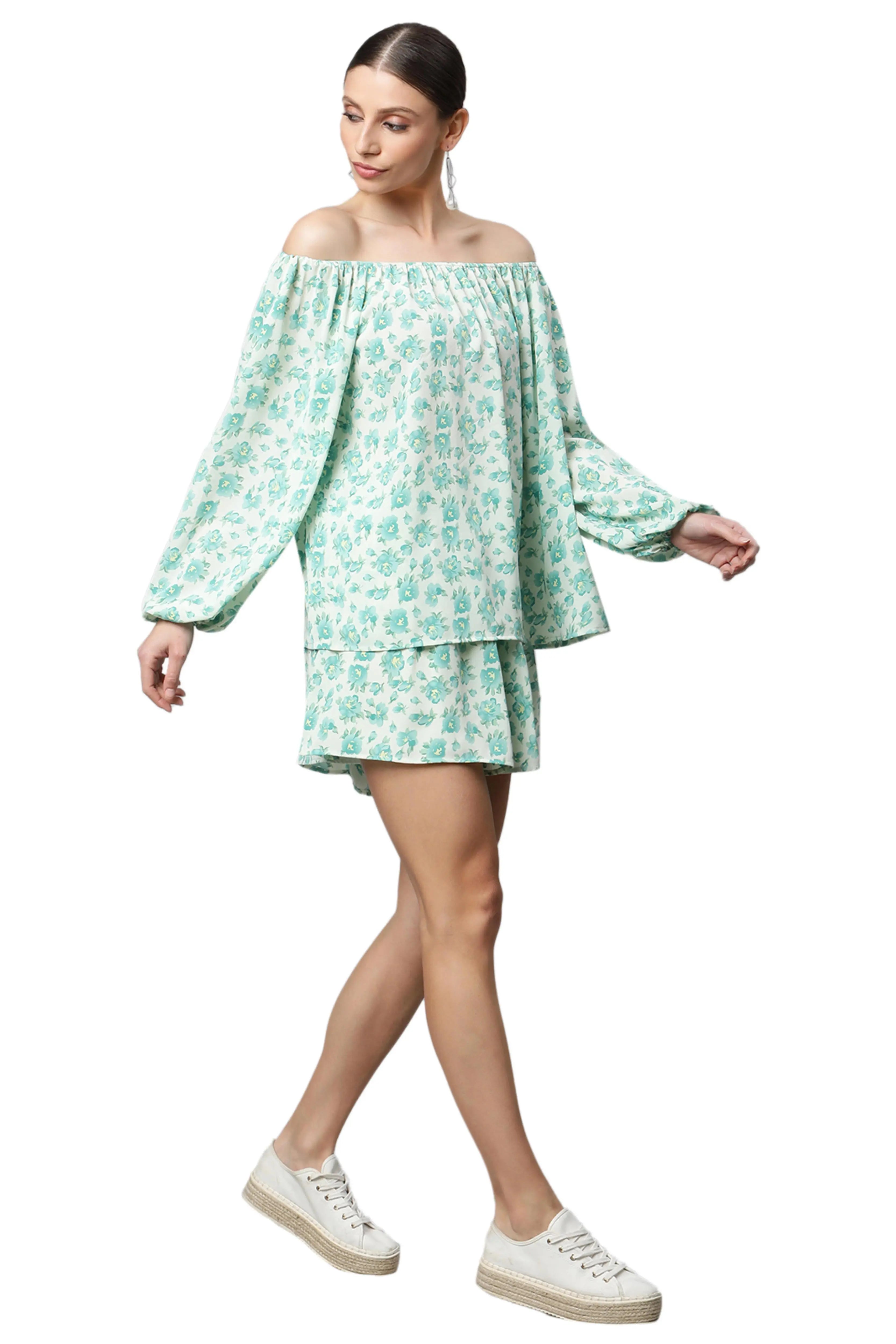 Green Mini-White Floral Short Set - Global Republic