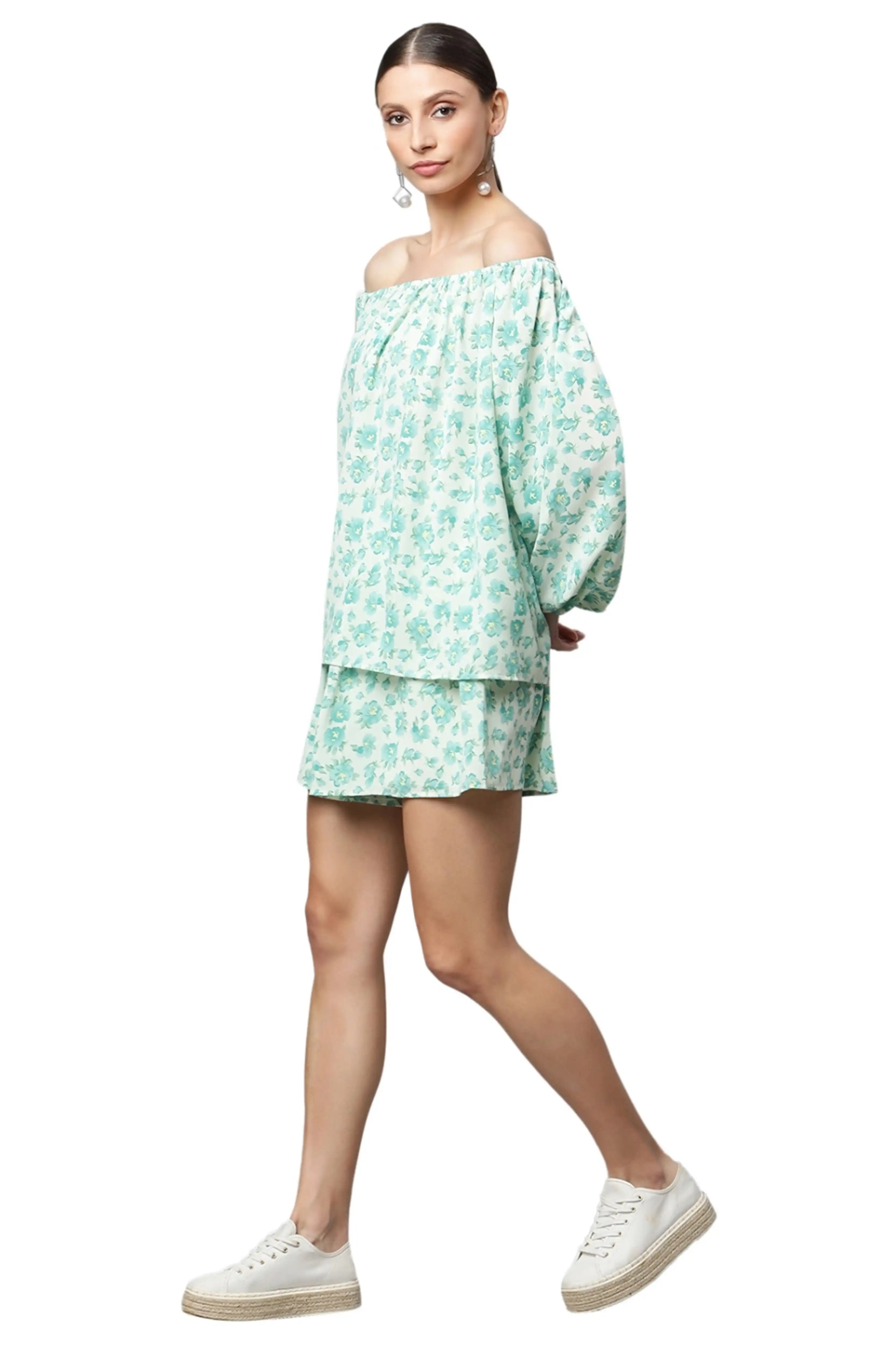 Green Mini-White Floral Short Set