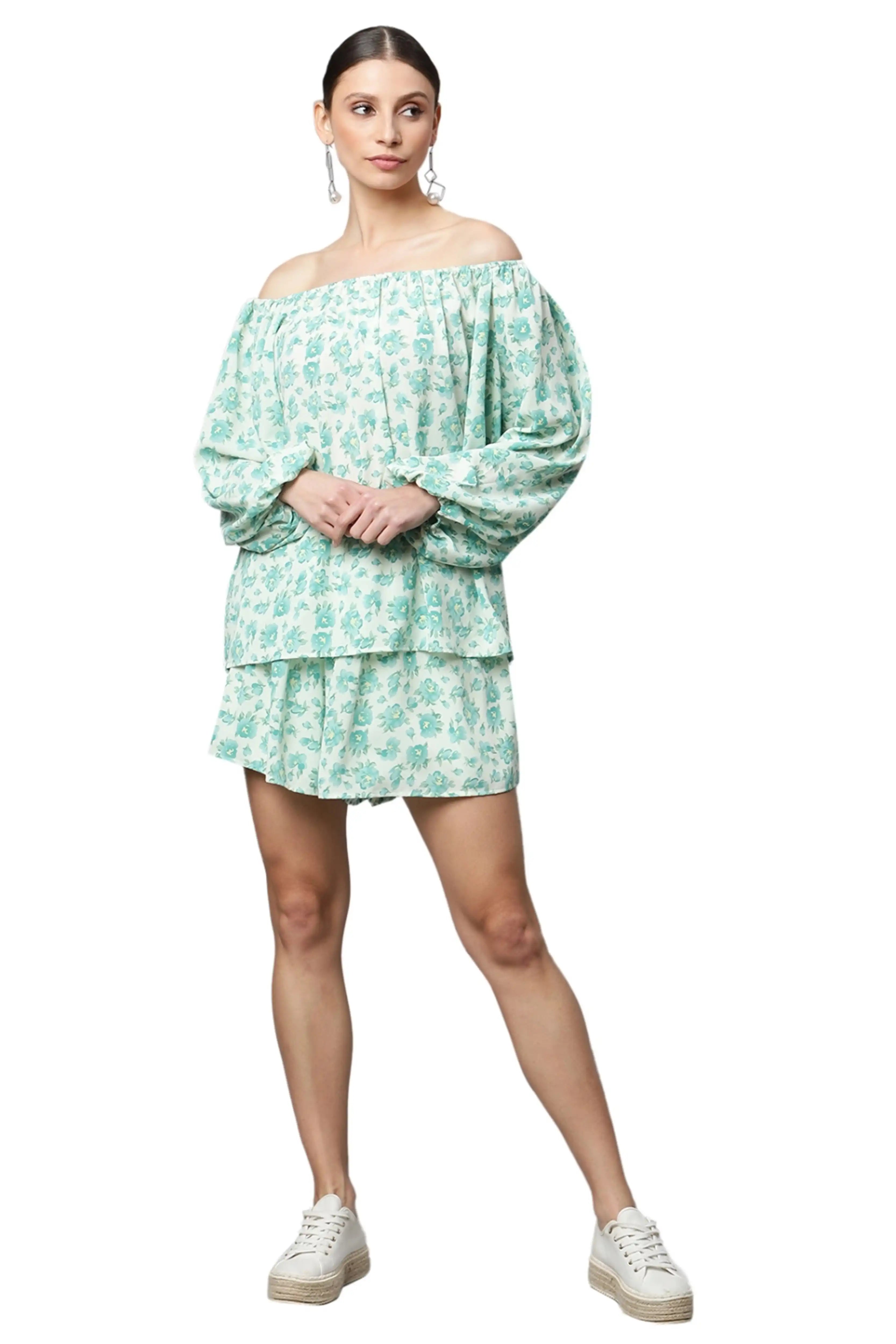 Green Mini-White Floral Short Set