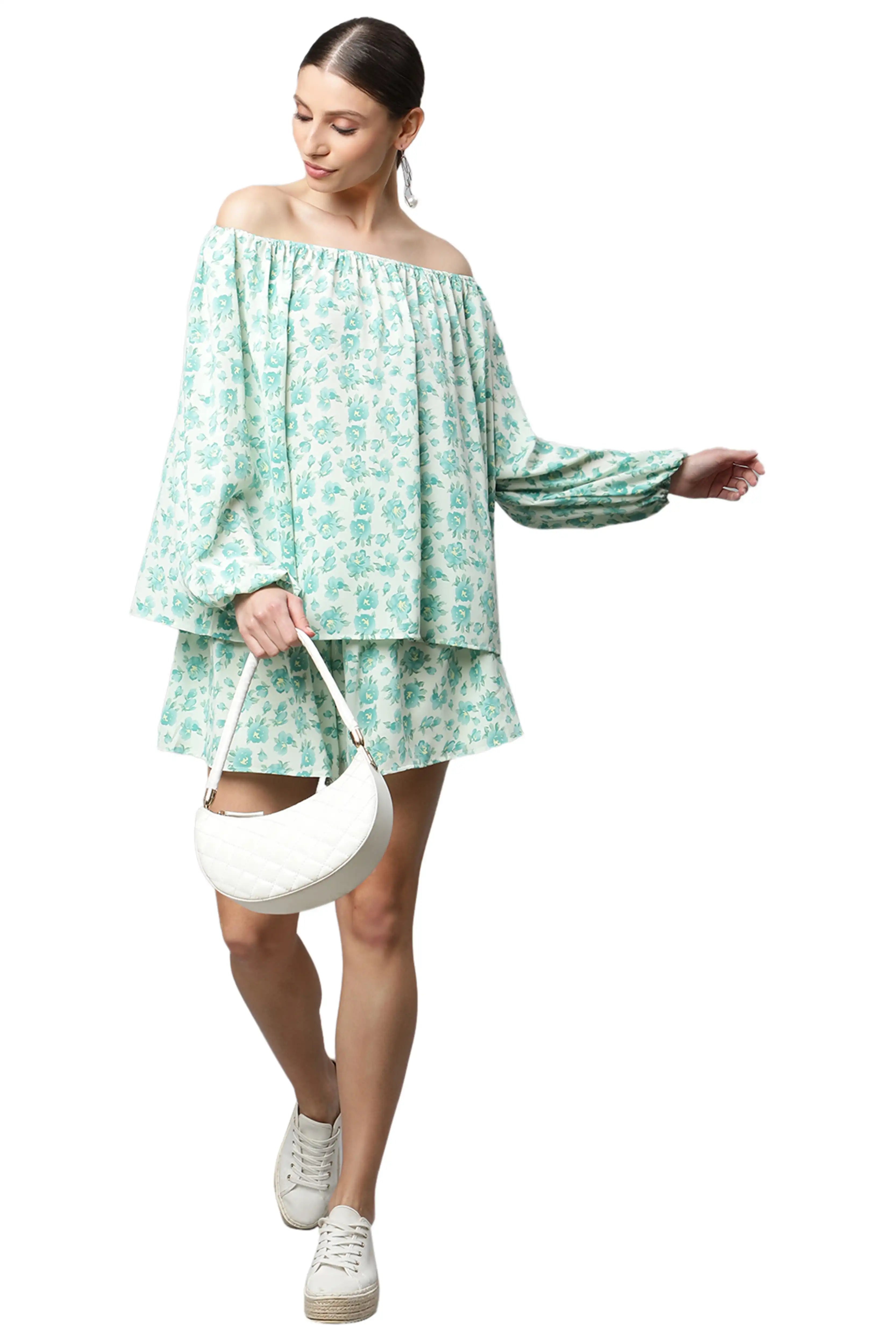 Green Mini-White Floral Short Set