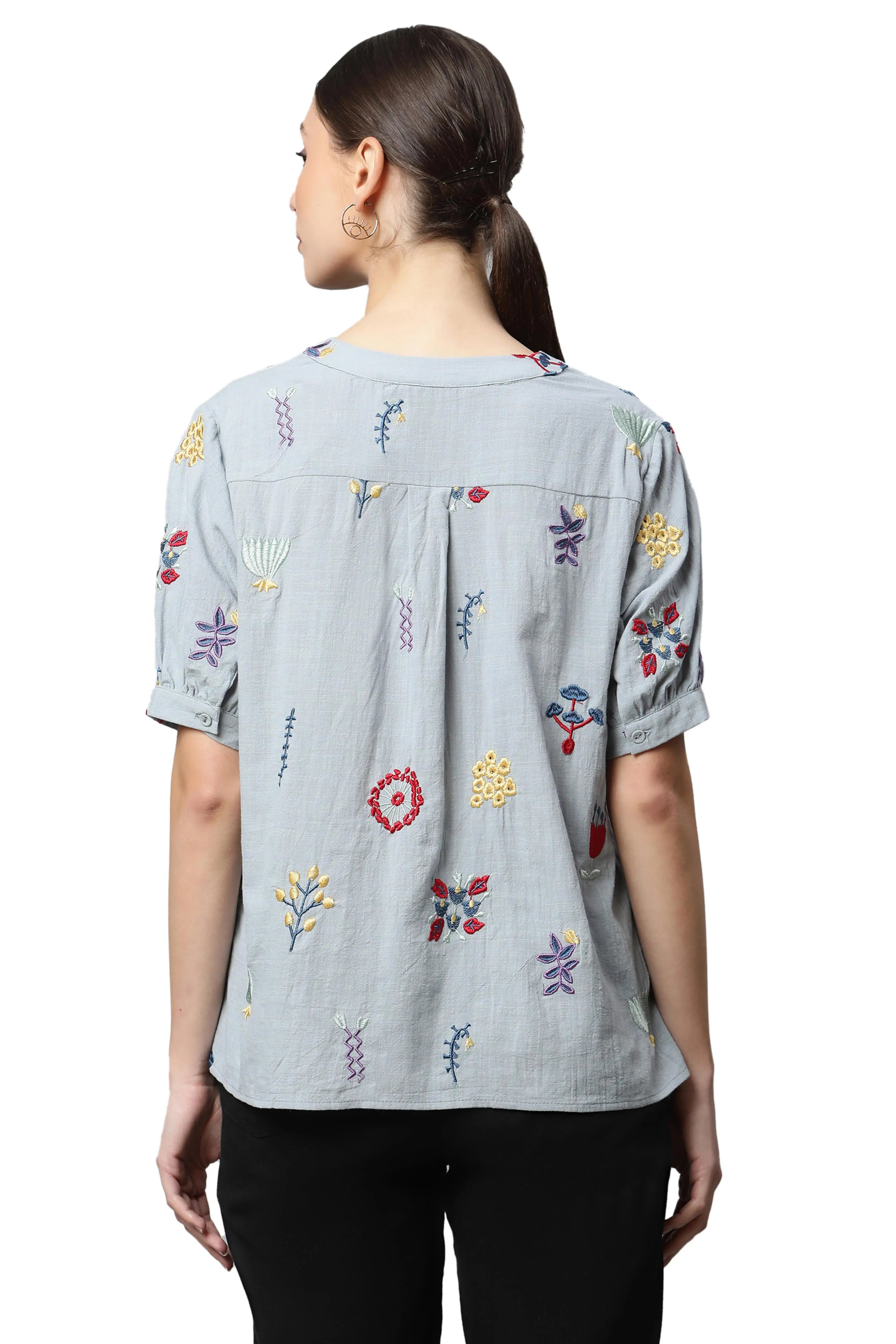 Sky Cotton Regular Fit Blouson Top For Women - Global Republic