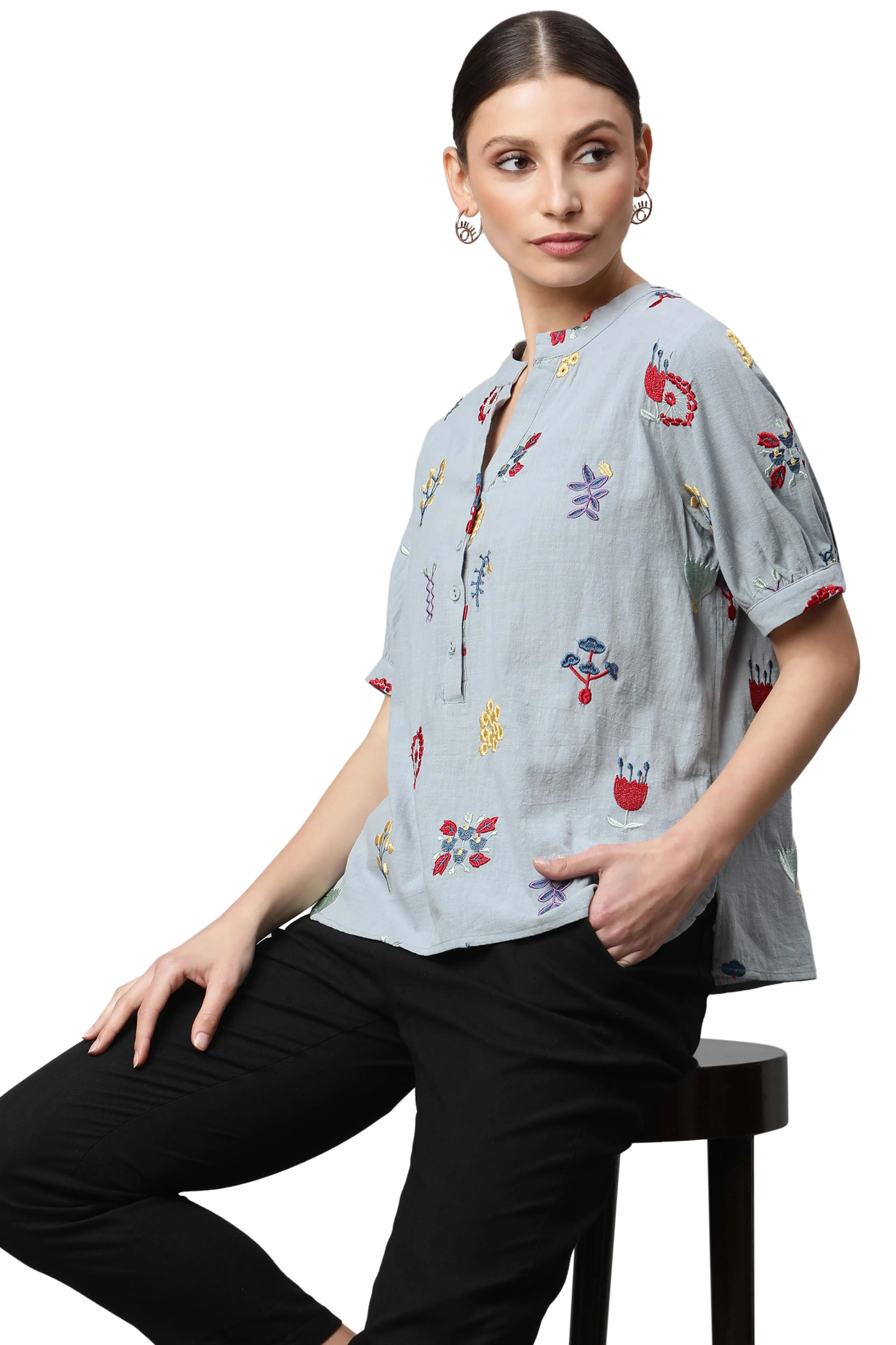 Sky Cotton Regular Fit Blouson Top For Women - Global Republic