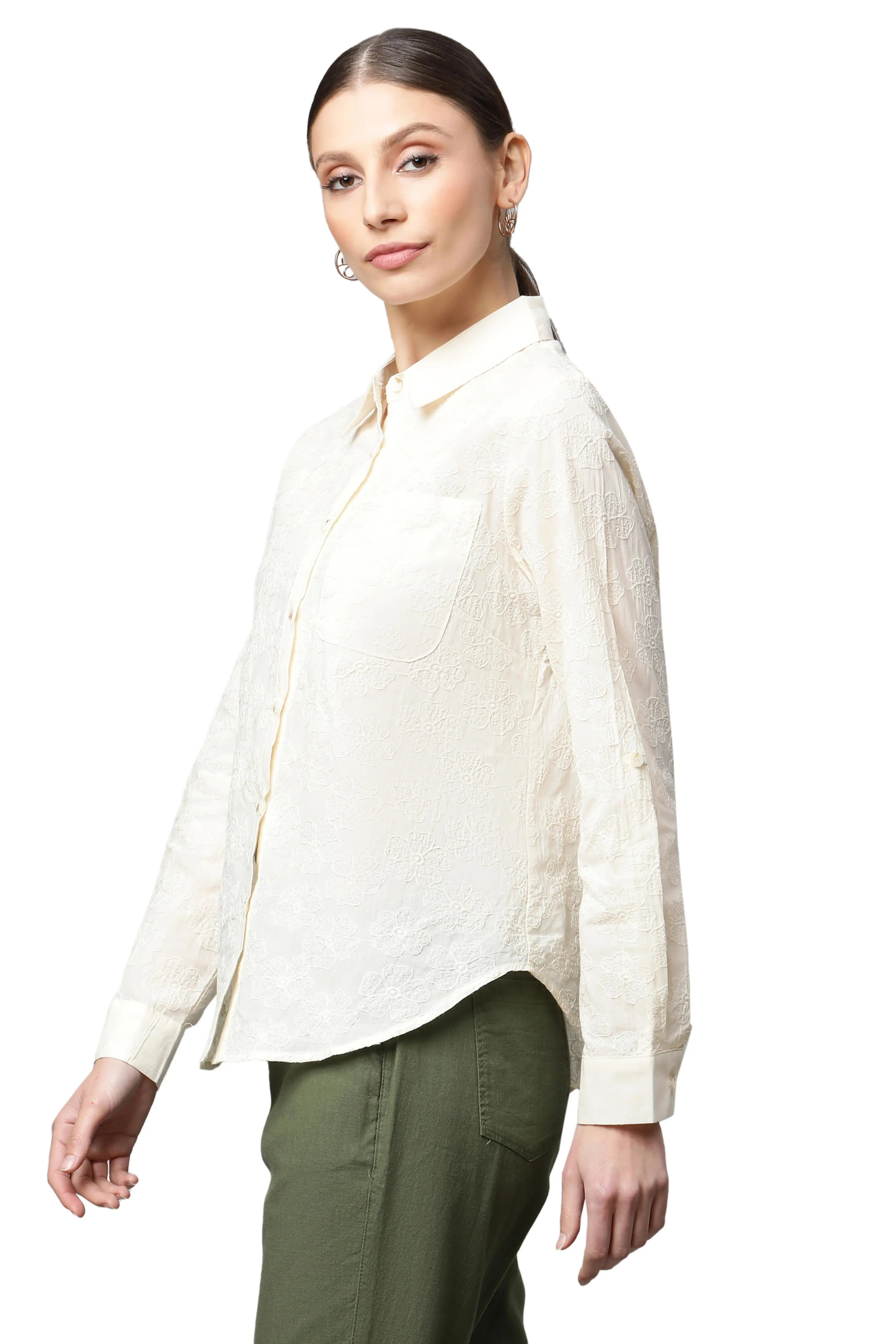 women cream floral thread embroidered shirt