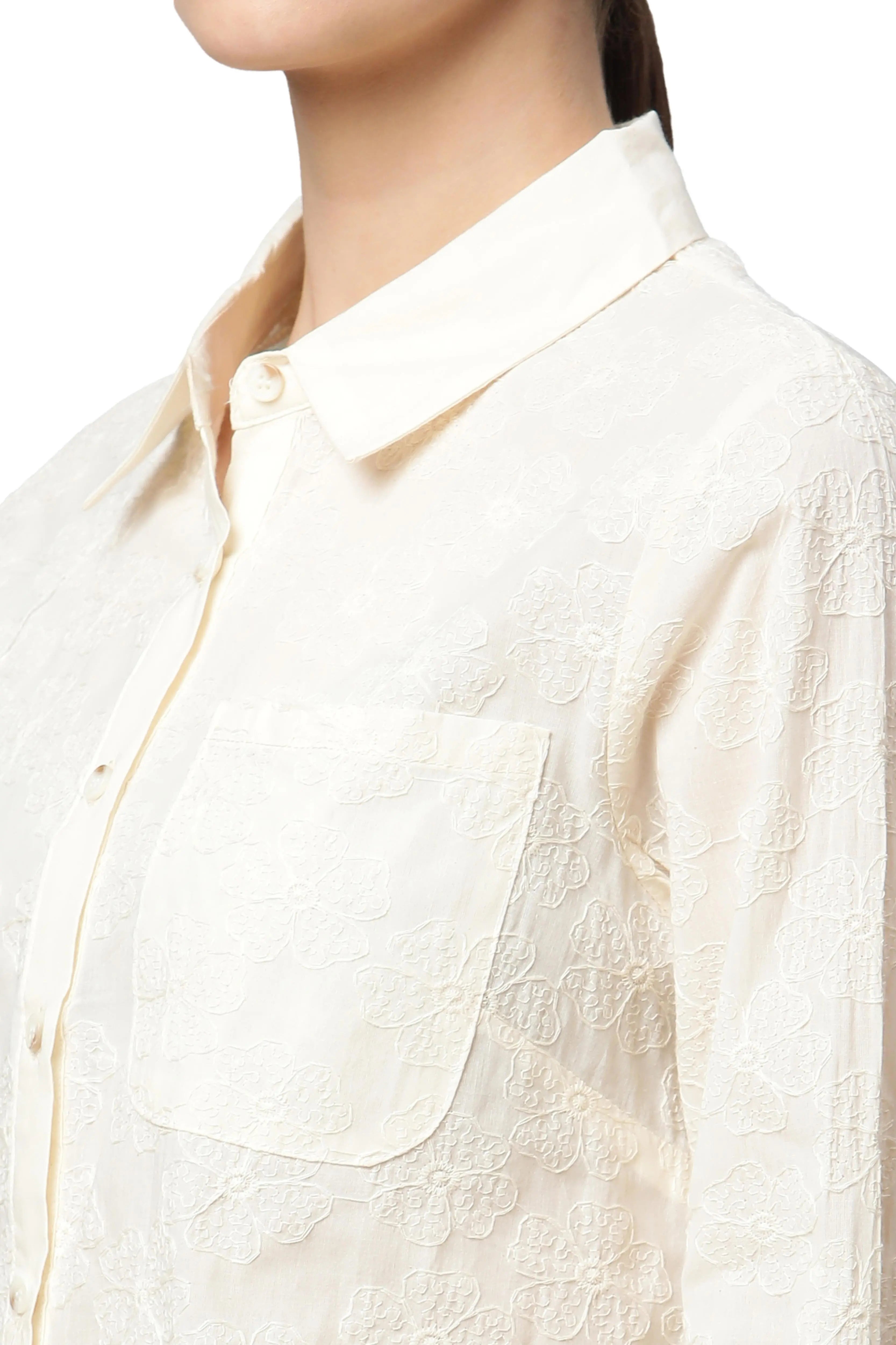women cream floral thread embroidered shirt
