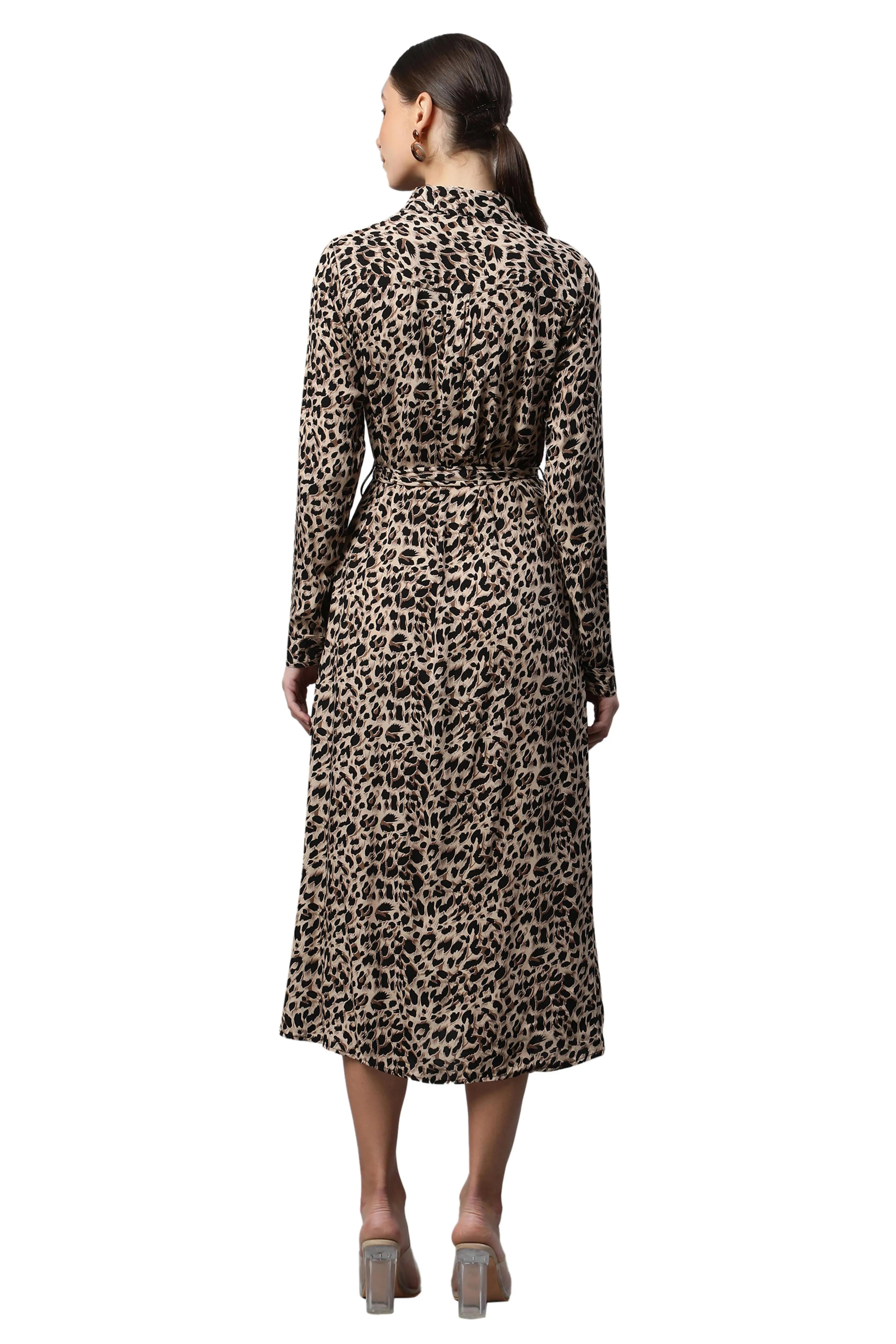 Women Brown Collar Neck Printed Shirt Dress - Global Republic