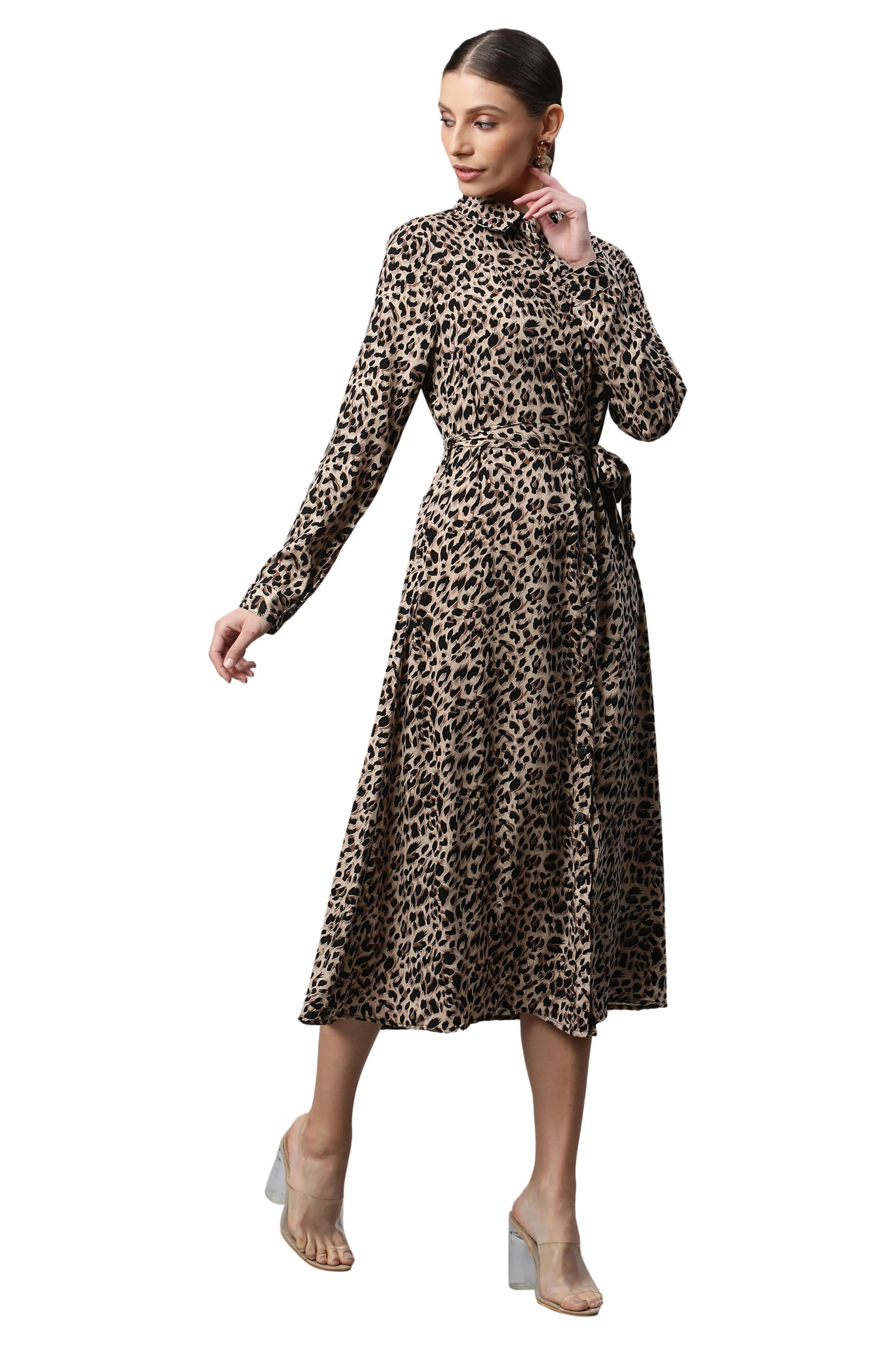 Women Brown Collar Neck Printed Shirt Dress - Global Republic