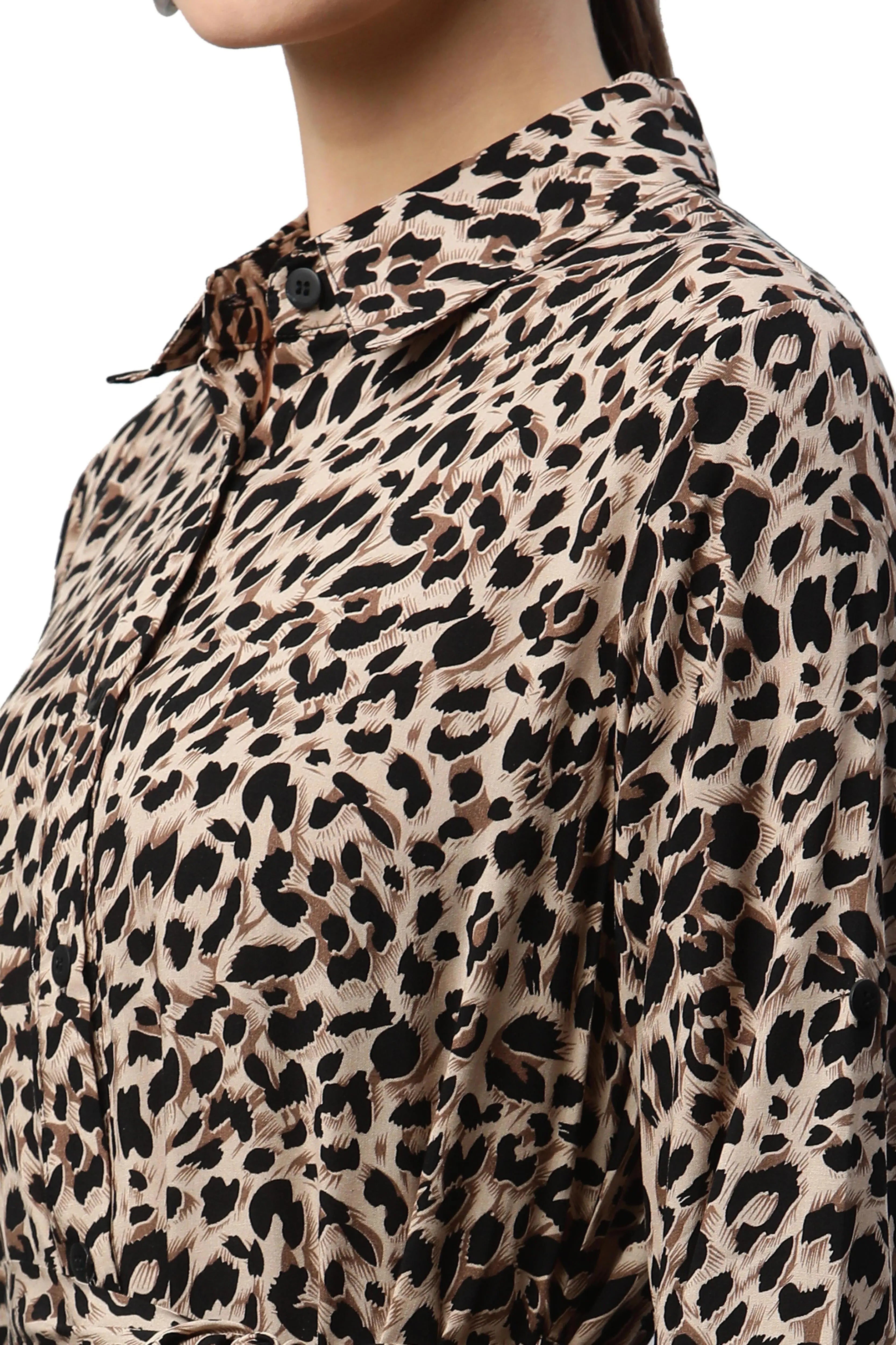 Women Brown Collar Neck Printed Shirt Dress - Global Republic