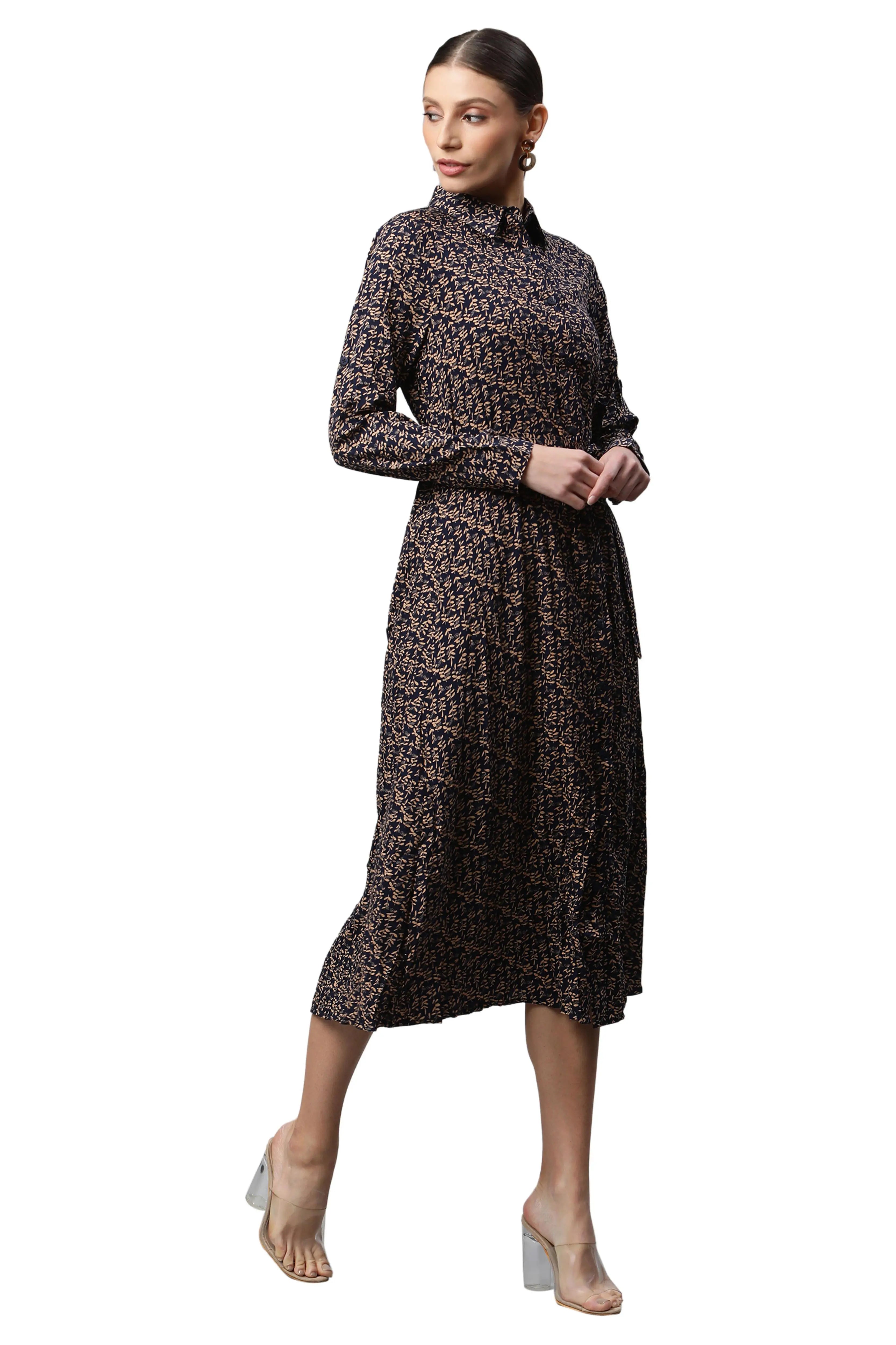 Women Navy Blue Collar Neck Printed Shirt Dress - Global Republic