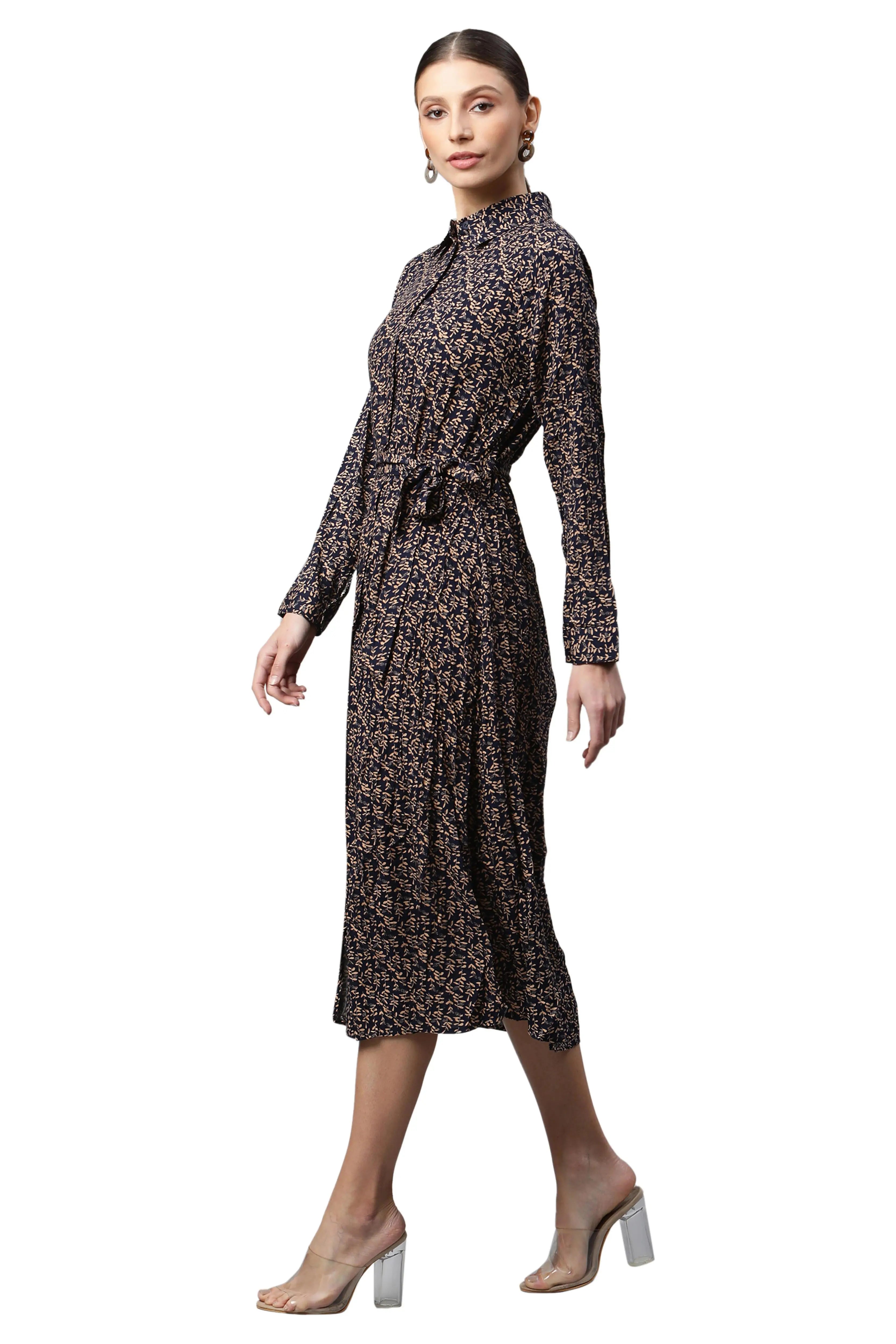 Women Navy Blue Collar Neck Printed Shirt Dress - Global Republic
