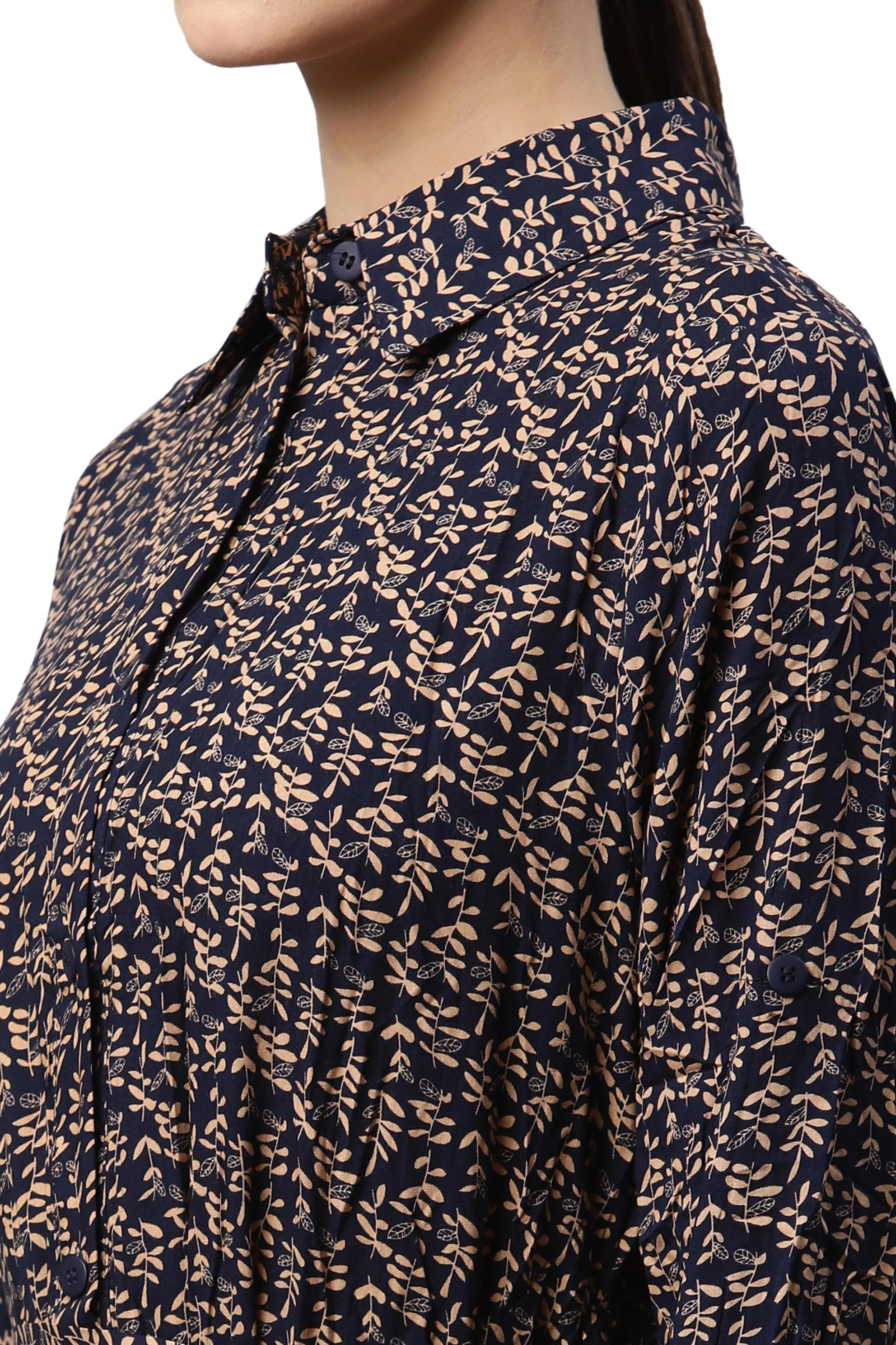 Women Navy Blue Collar Neck Printed Shirt Dress - Global Republic
