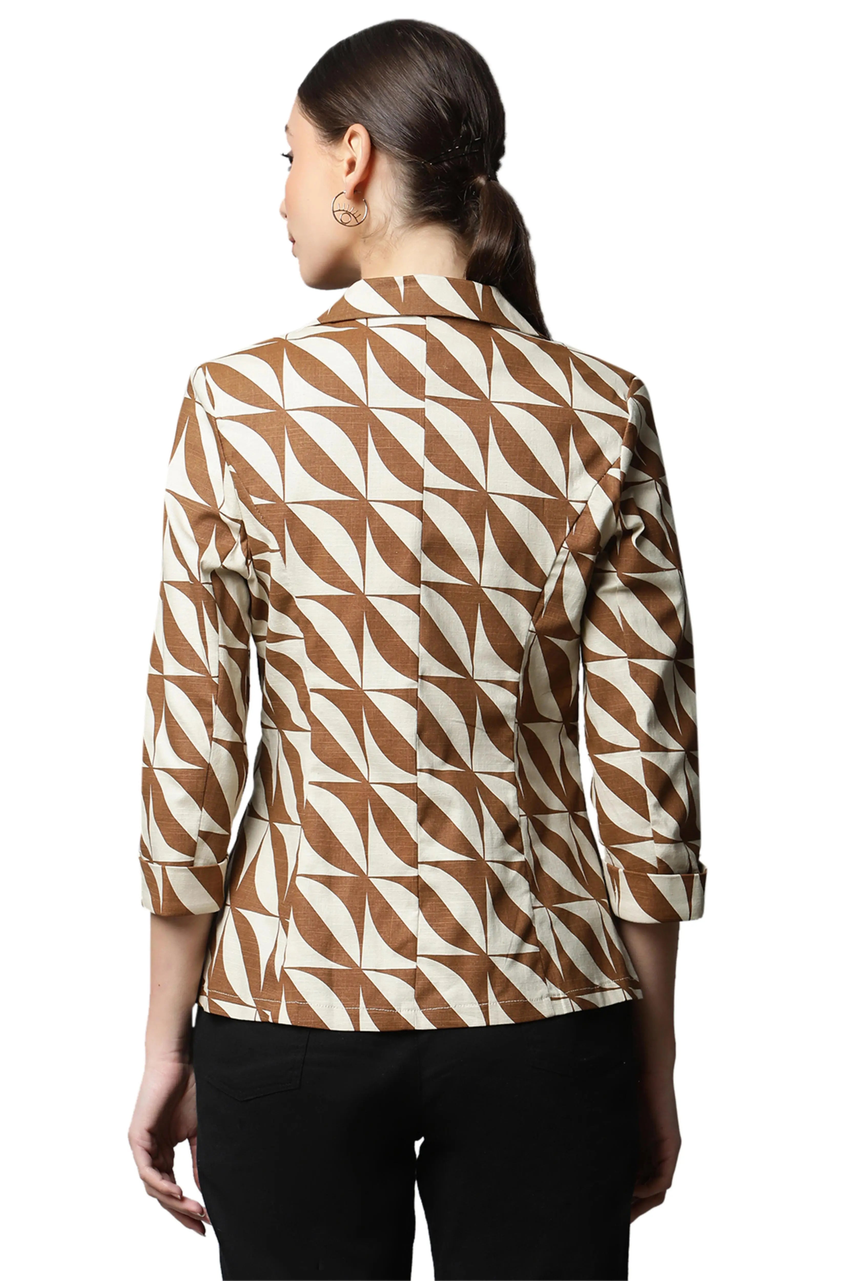 Women Mud Brown Casual Diagonal White Lines Slim Fit Blazer - Global Republic