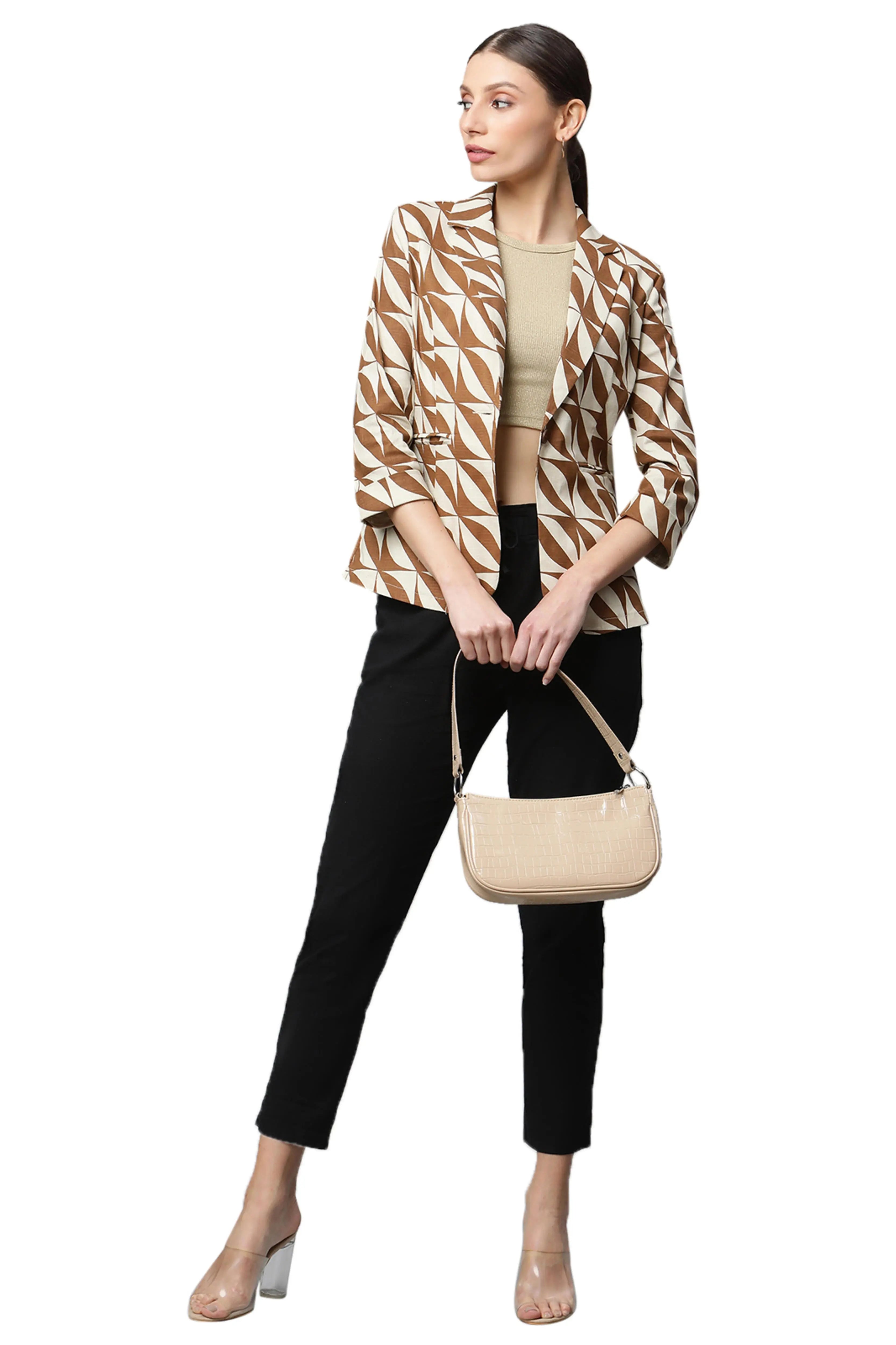 Mud Brown Casual Diagonal White Lines Slim Fit Blazer - Global Republic