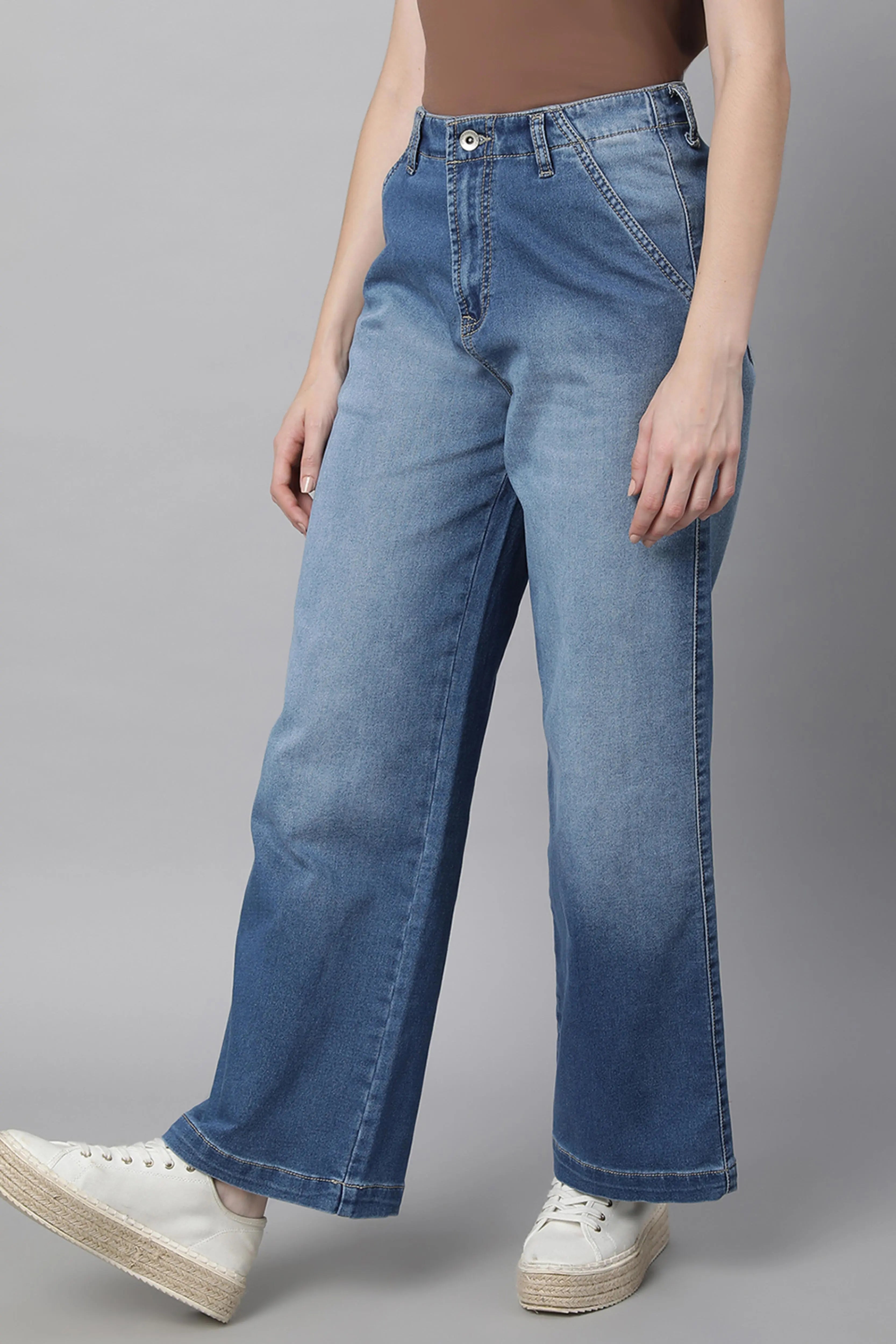 Women Light Blue Loose Fit Wide Leg Stretchable Jeans - Global Republic