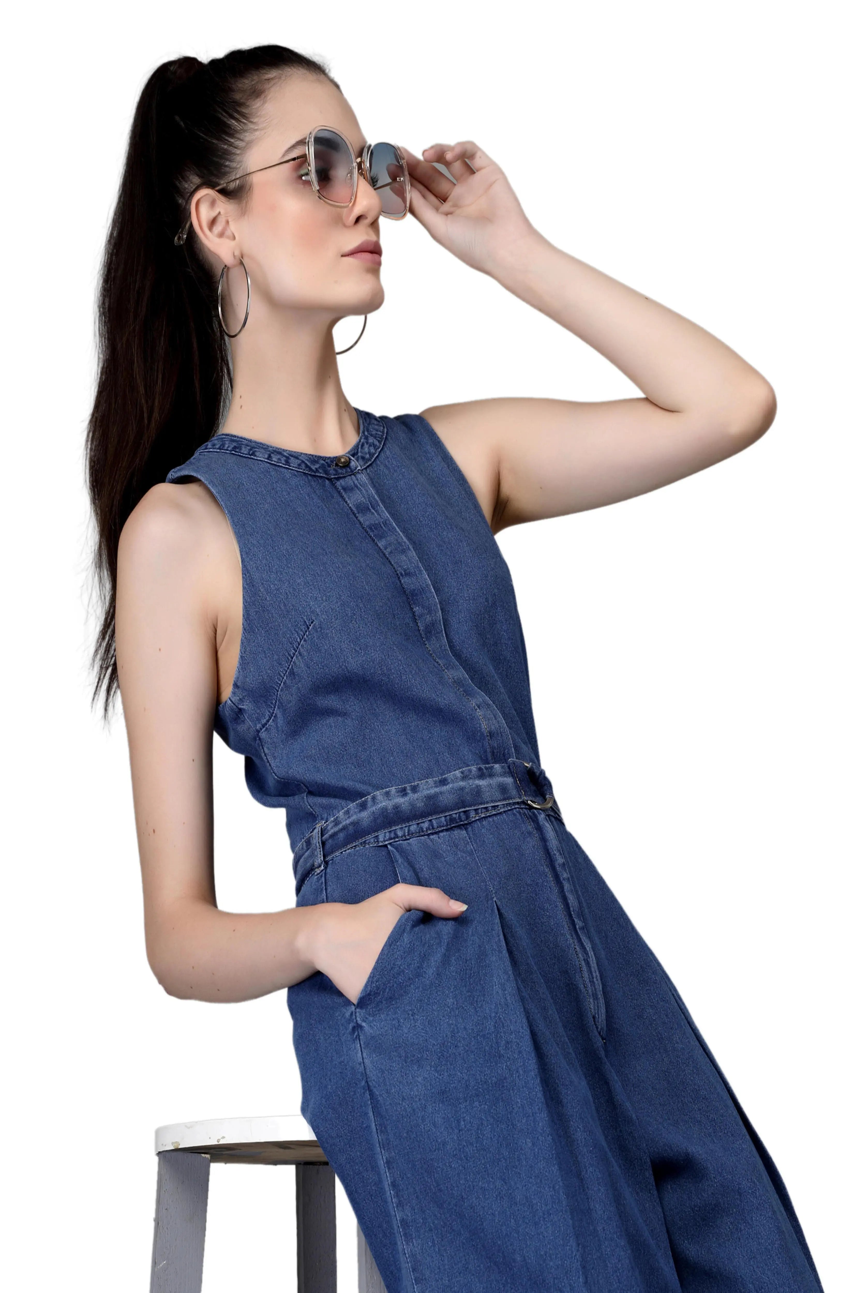Women Blue Collar Neck Solid Jump Suit - Global Republic