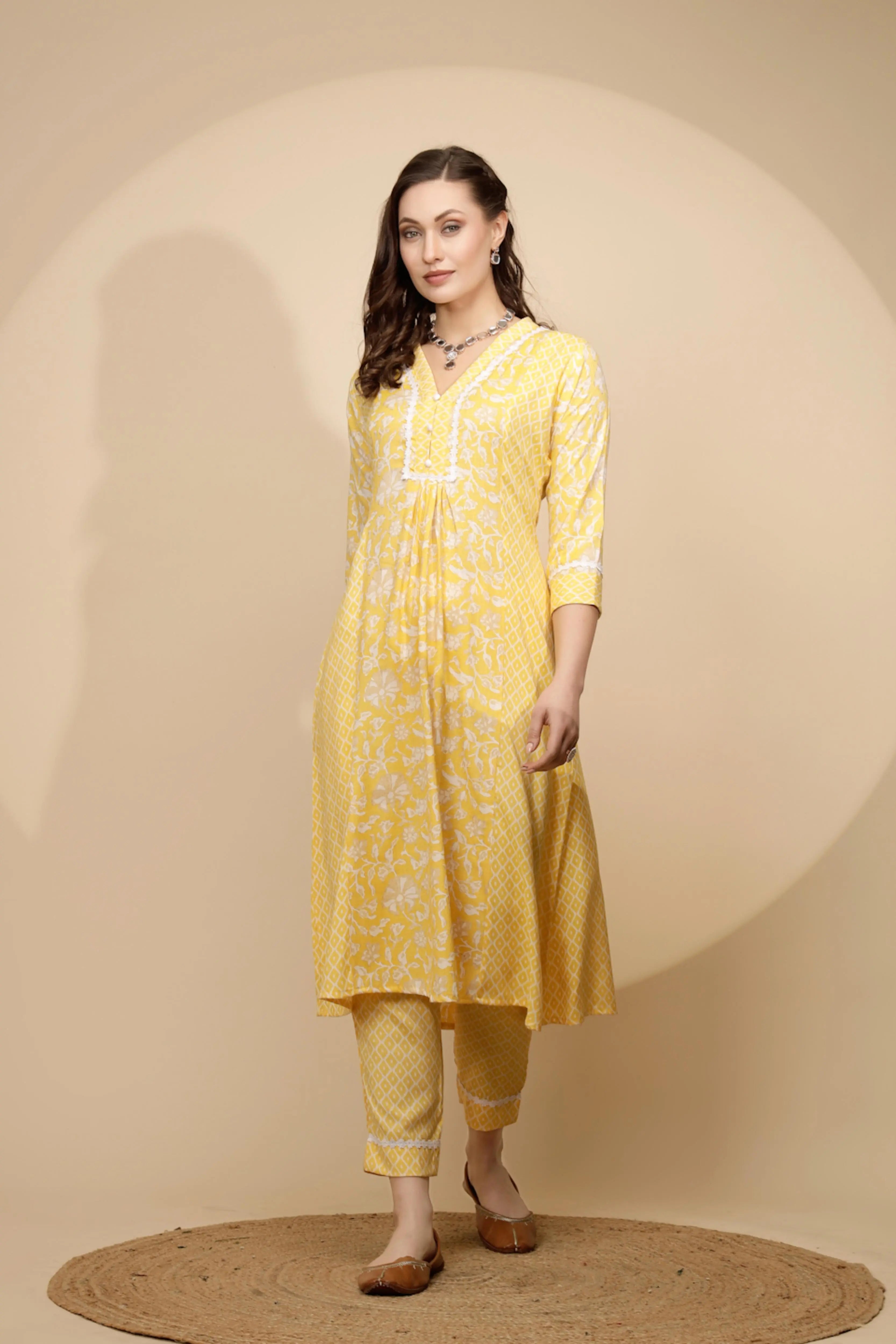 Yellow Cotton Regular Fit Kurta Set For Women - Global Republic