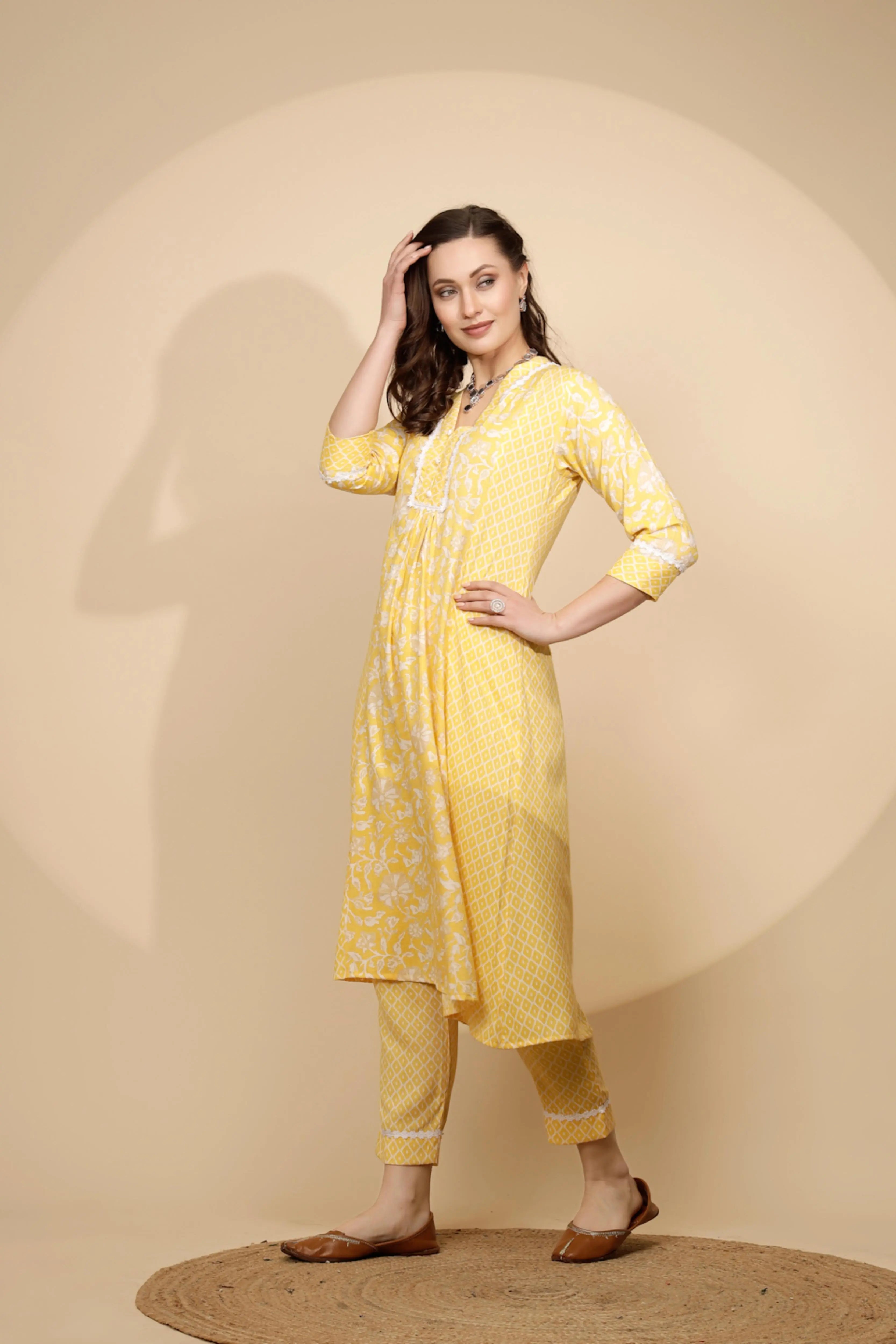 Yellow Cotton Regular Fit Kurta Set For Women - Global Republic