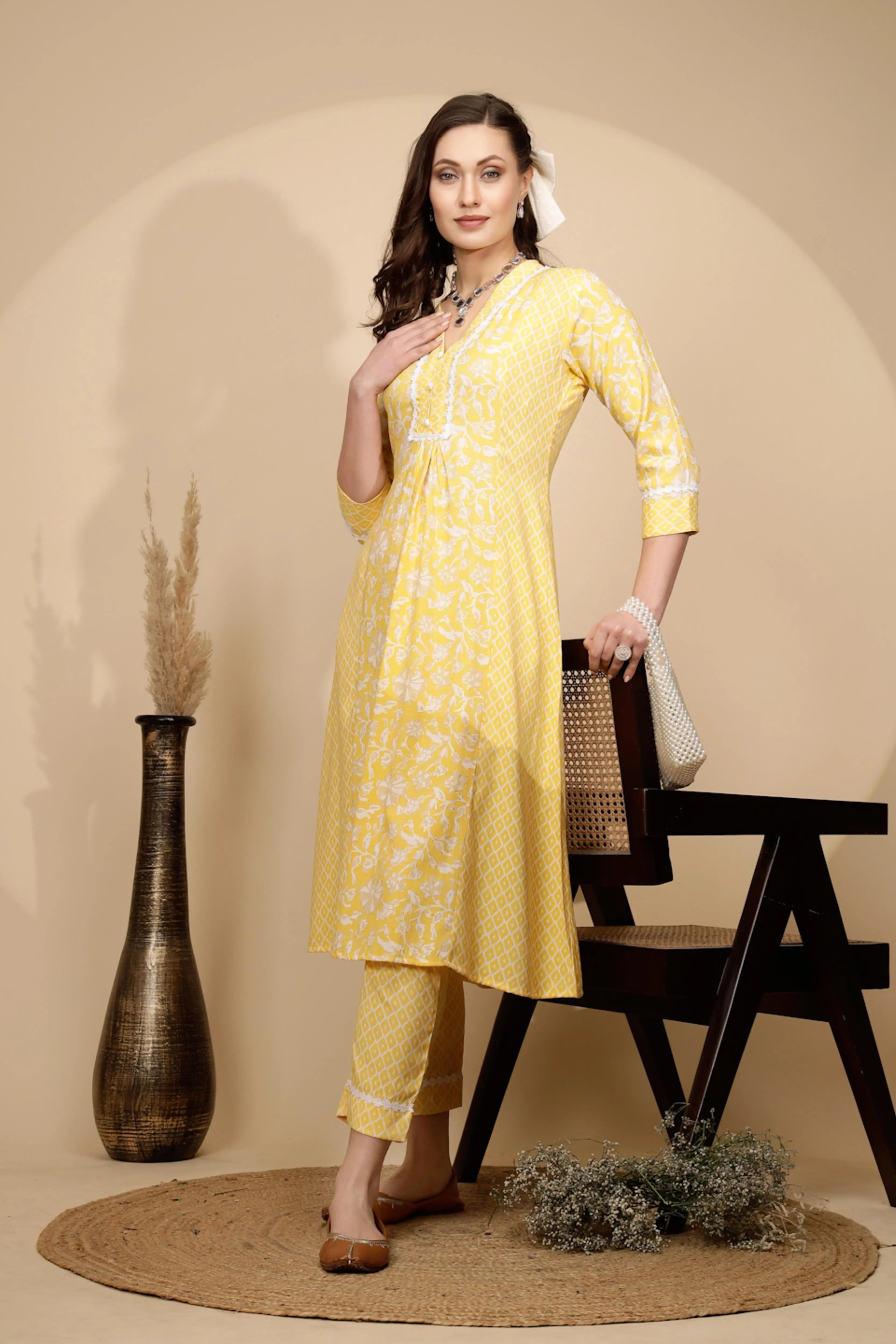 Yellow Cotton Regular Fit Kurta Set For - Global Republic