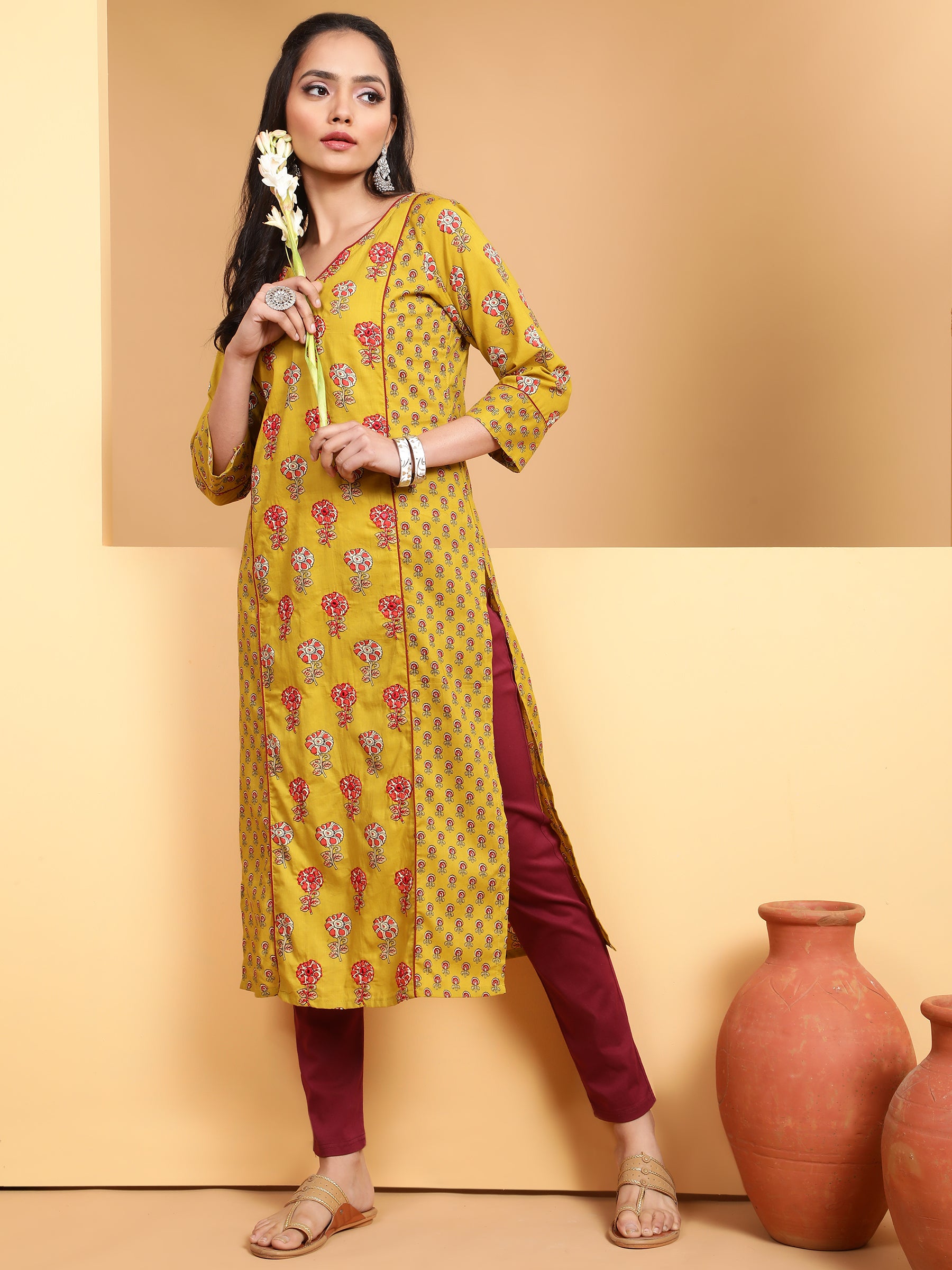Women Mustard V-Neck Printed Kurta