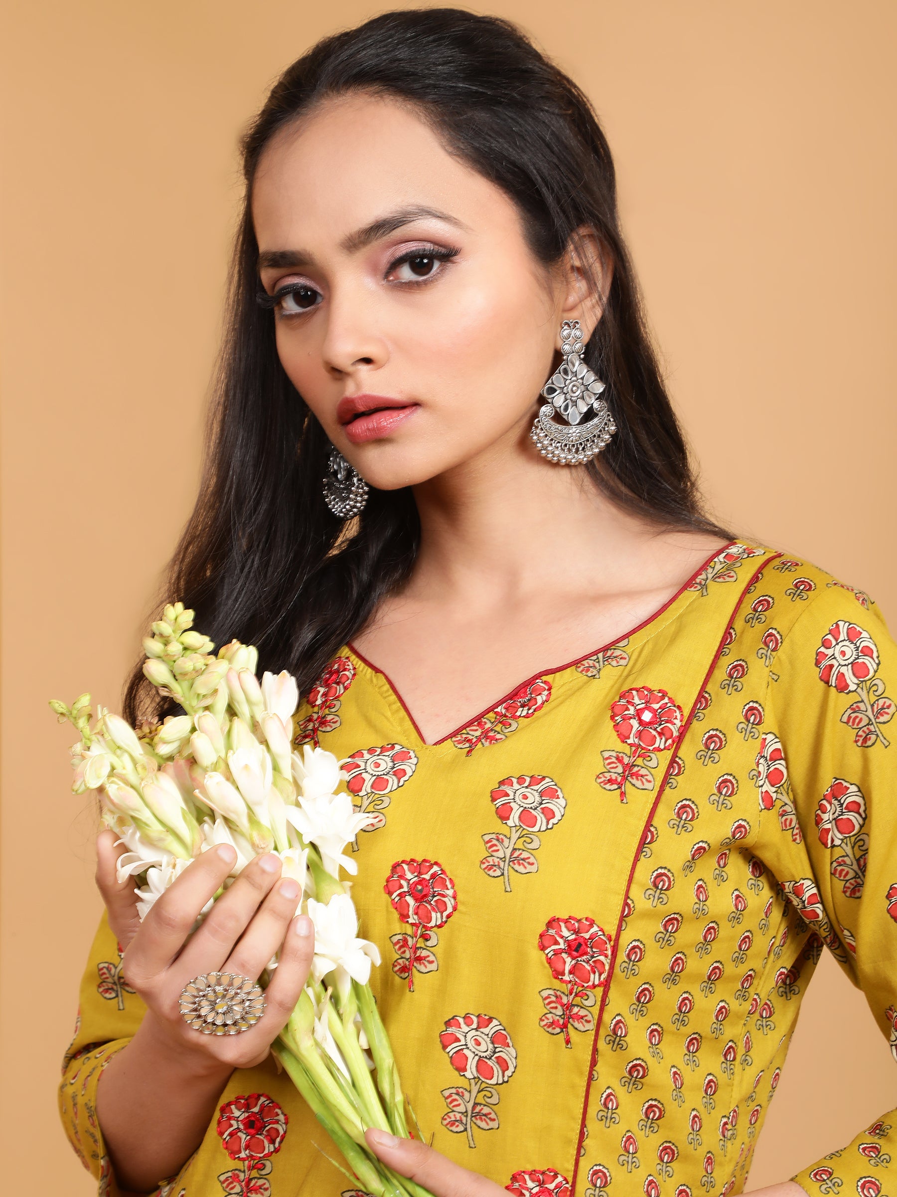 Women Mustard V-Neck Printed Kurta
