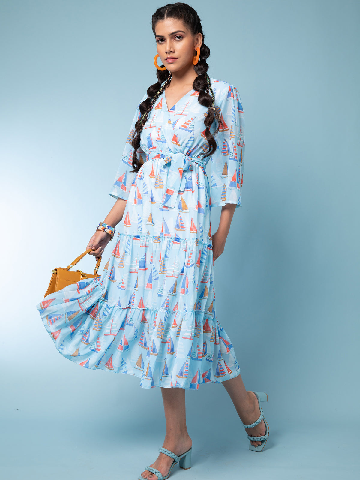 Women Sky Blue V-Neck Printed Dress