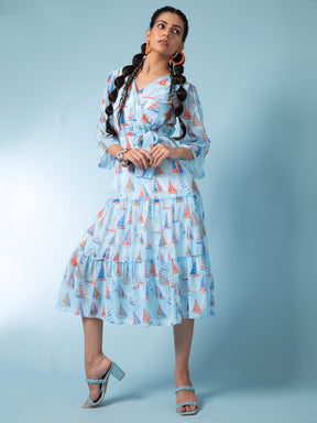 Women Sky Blue V-Neck Printed Dress