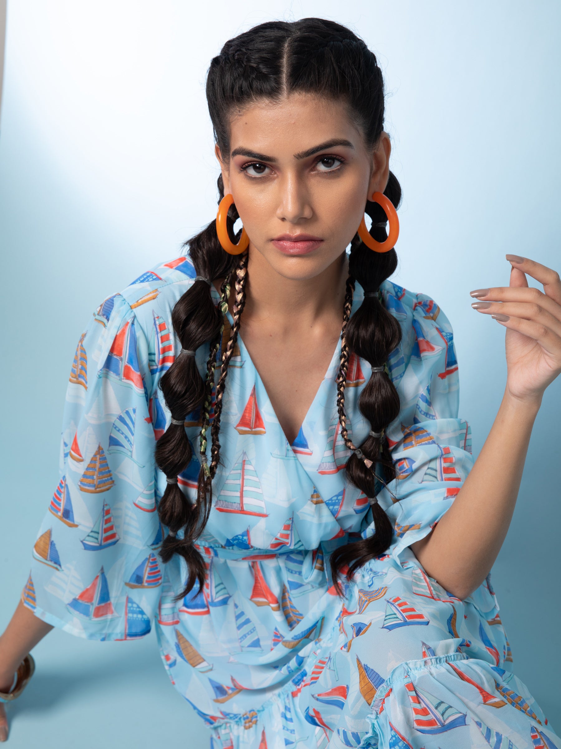 Women Sky Blue V-Neck Printed Dress