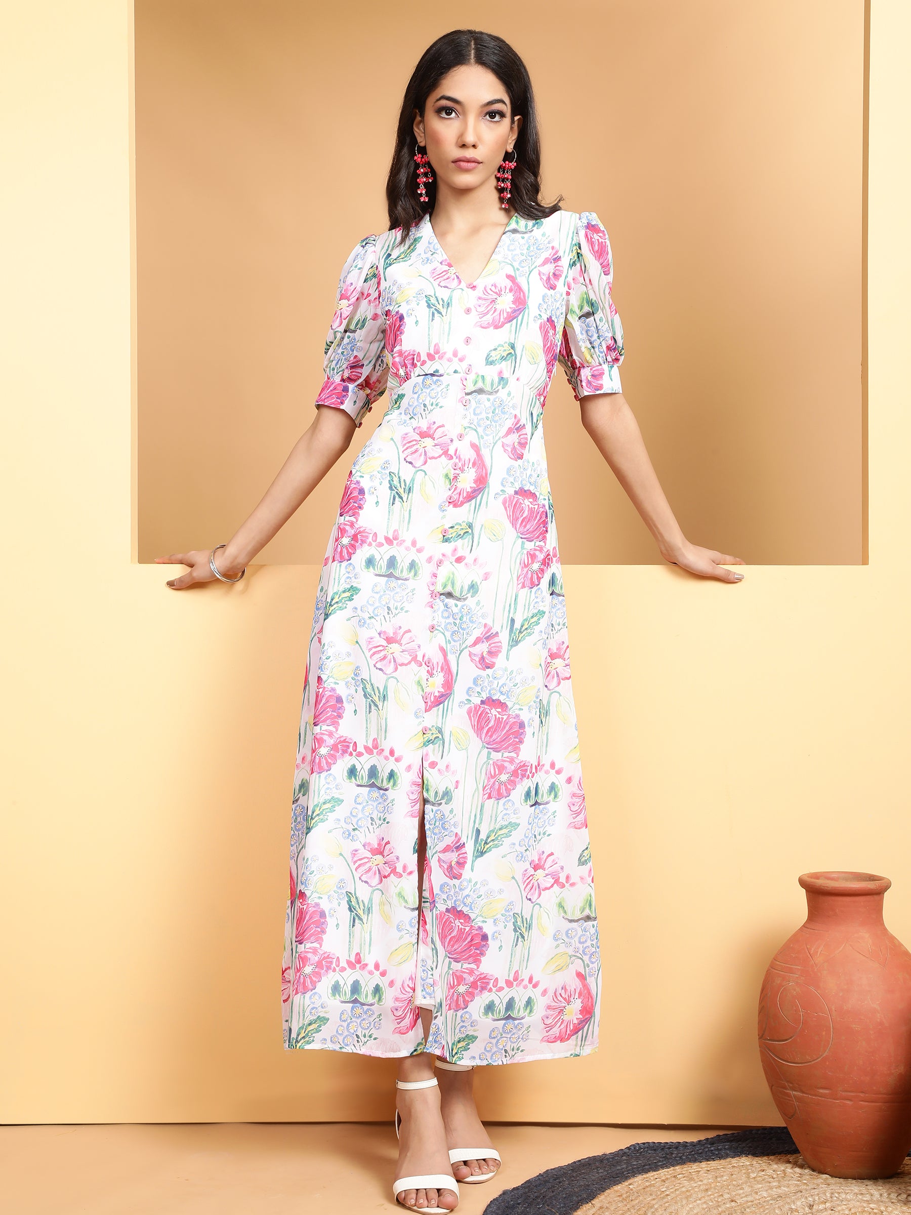 Women Pink V-Neck Printed Dress - Global Republic
